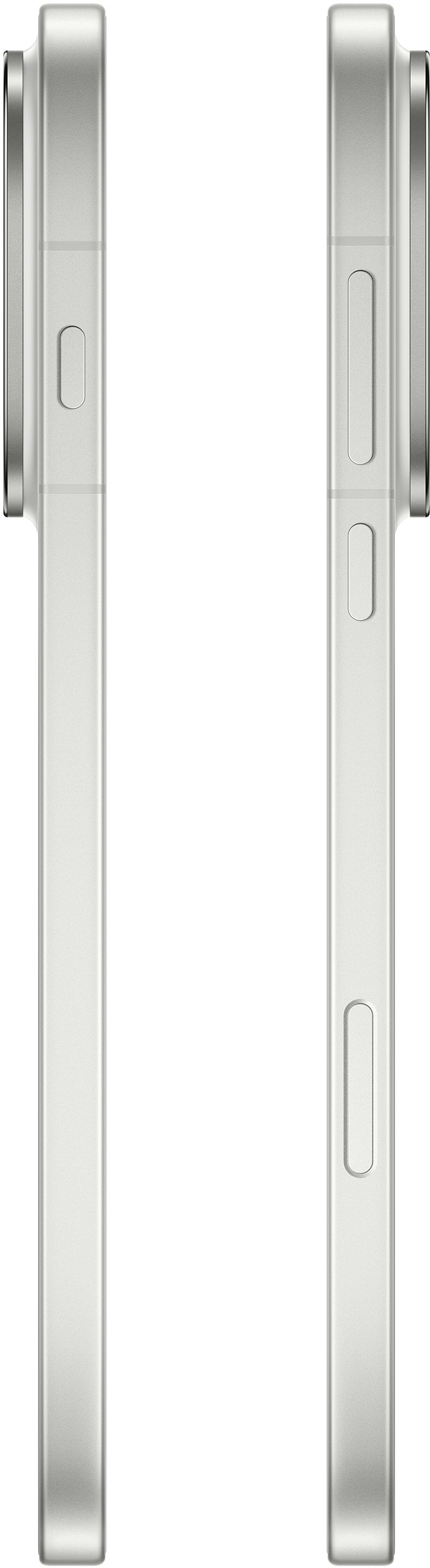 Dwa srebrne smartfony obok siebie. Każdy ma aparat i boczne przyciski. Tło jest białe.