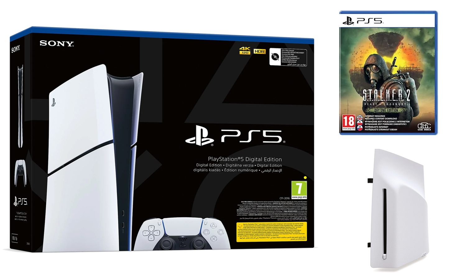 Obrazek pokazuje pudełko konsoli PS5, etui z grą i białą konsolę. Pudełko wyświetla konsolę i kontroler.