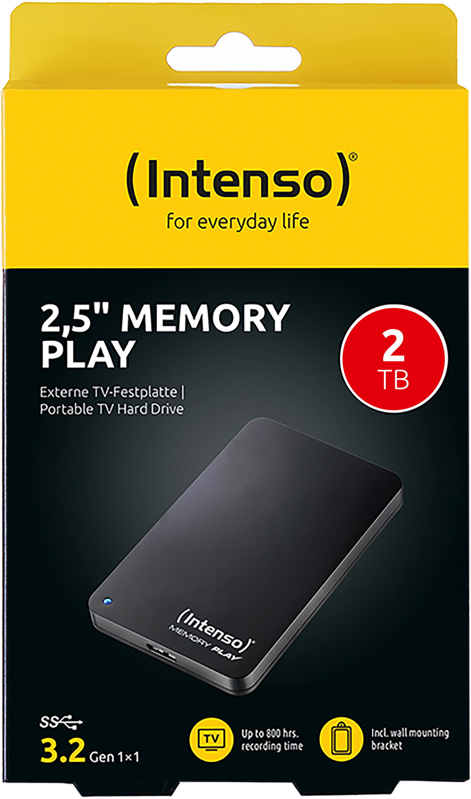 Scatola per disco rigido Memory Play da 2,5" di Intenso, unità nera. Contiene 2 TB, supporta la TV. Scatola gialla e nera.