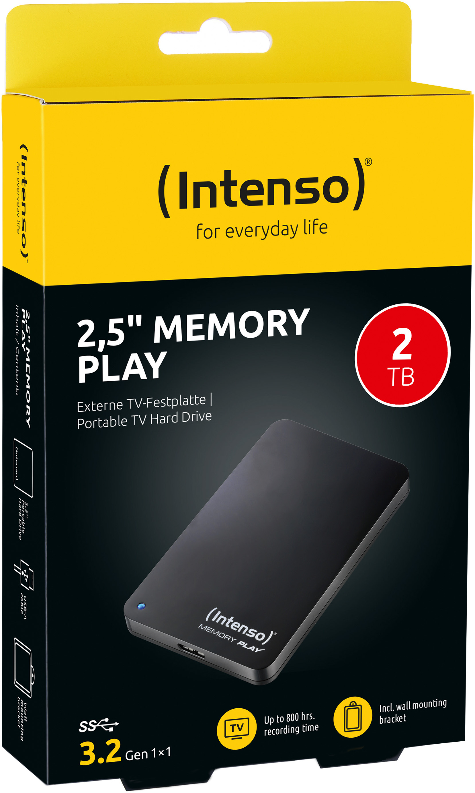 Scatola per un disco rigido Memory Play da 2,5". Include icone, testo e un'immagine del disco rigido nero sul davanti, con colori giallo e nero.