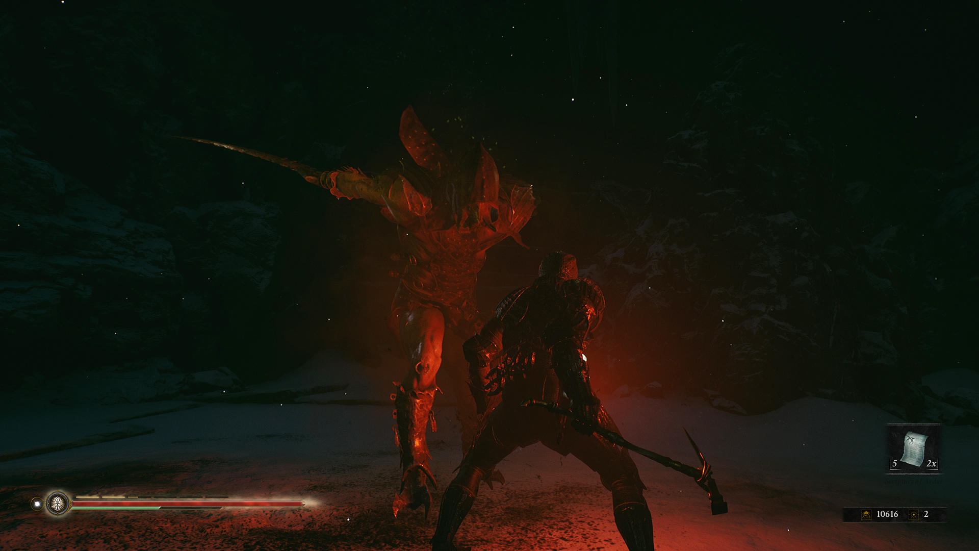 Ein Ritter kämpft in einer schneebedeckten Höhle gegen einen feurigen Dämon. Der Ritter schwingt eine Waffe, während der Dämon angreift.