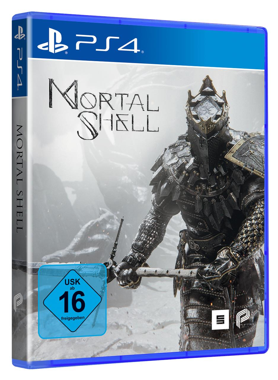 PS4-Spielhülle. Der Titel ist Mortal Shell. Ein Ritter in Rüstung hält ein Schwert. USK 16-Rating ist sichtbar.