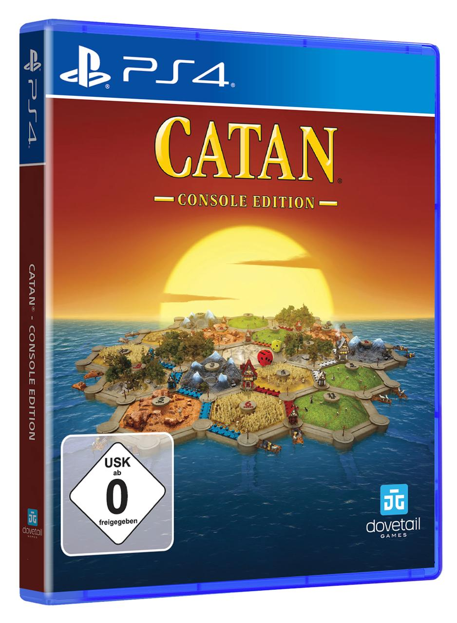 PS4-Spielbox für Catan Console Edition. Die Box zeigt das Spielbrett mit Sonnenuntergang. USK-Bewertung ist 0.