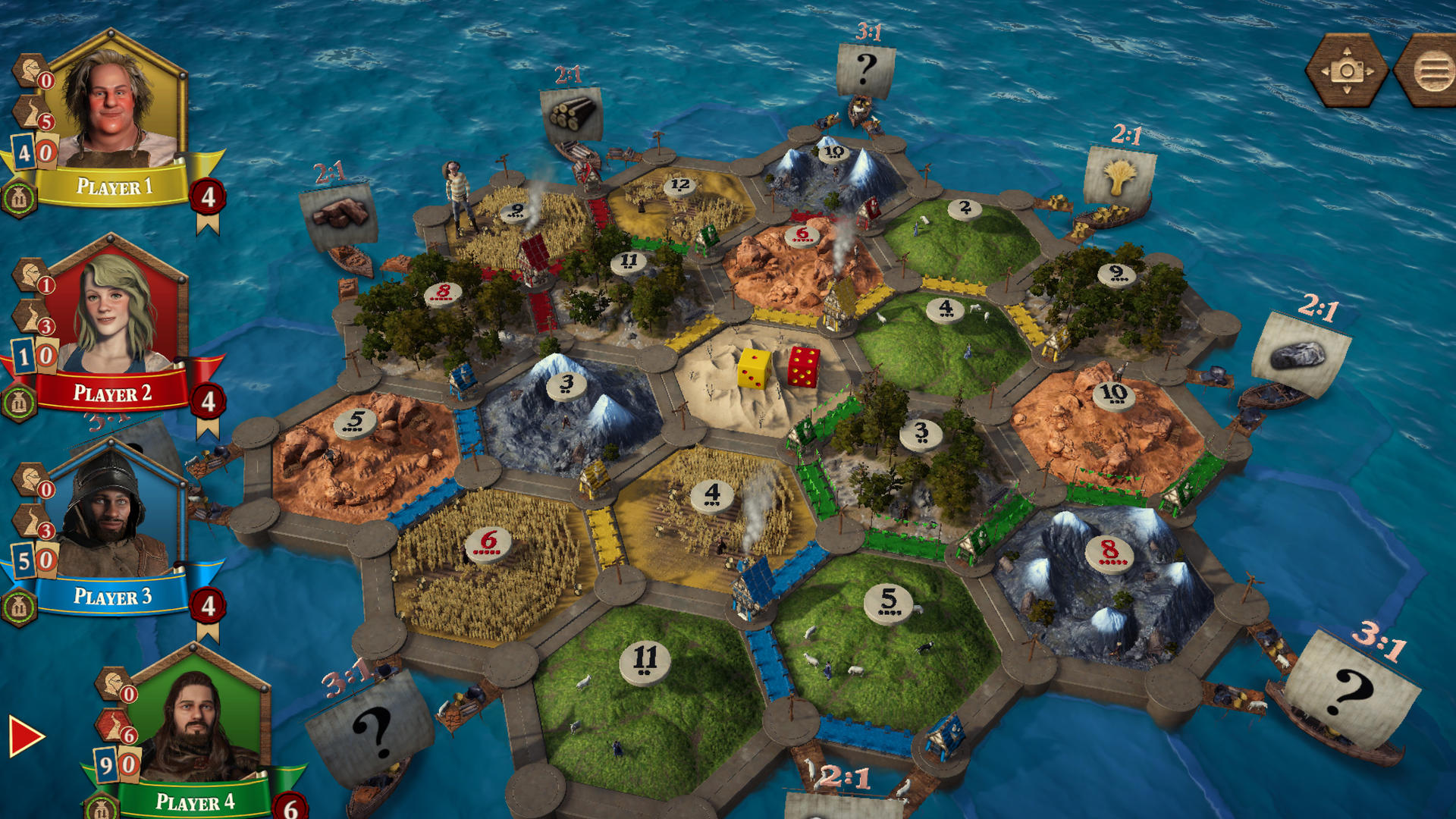 Brettspiel mit Hex-Kacheln, die Landschaften darstellen, Würfeln, Spielerporträts und Schiffen auf blauem Meereshintergrund.