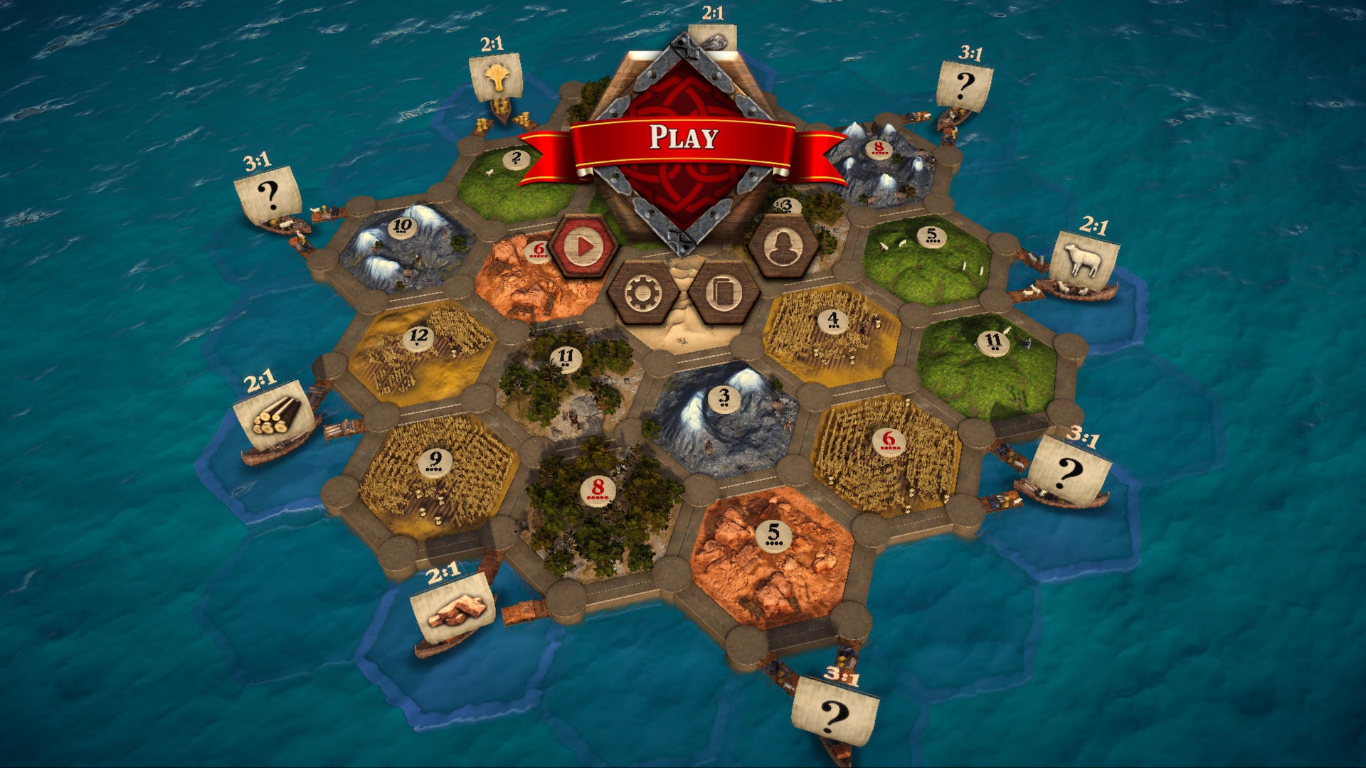 Ein Brettspiel mit sechseckigen Kacheln. In der Mitte befindet sich ein 'PLAY'-Banner. Umliegende Kacheln zeigen Landschaften und Boote.