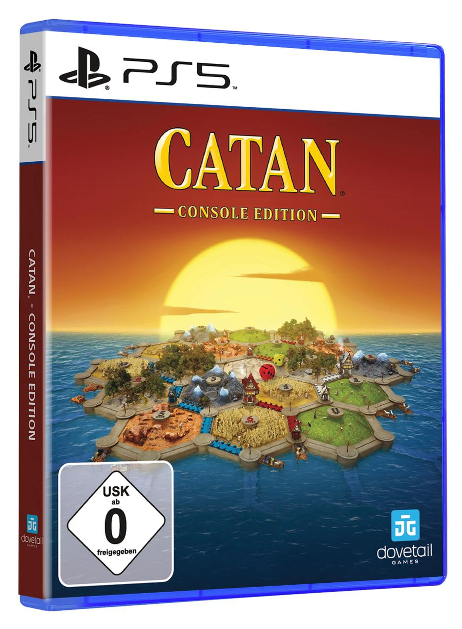 PS5 Catan-Spielbox. Zeigt die Spielbrettinsel, einen Sonnenuntergang und die Aufschrift 'Catan - Console Edition'.
