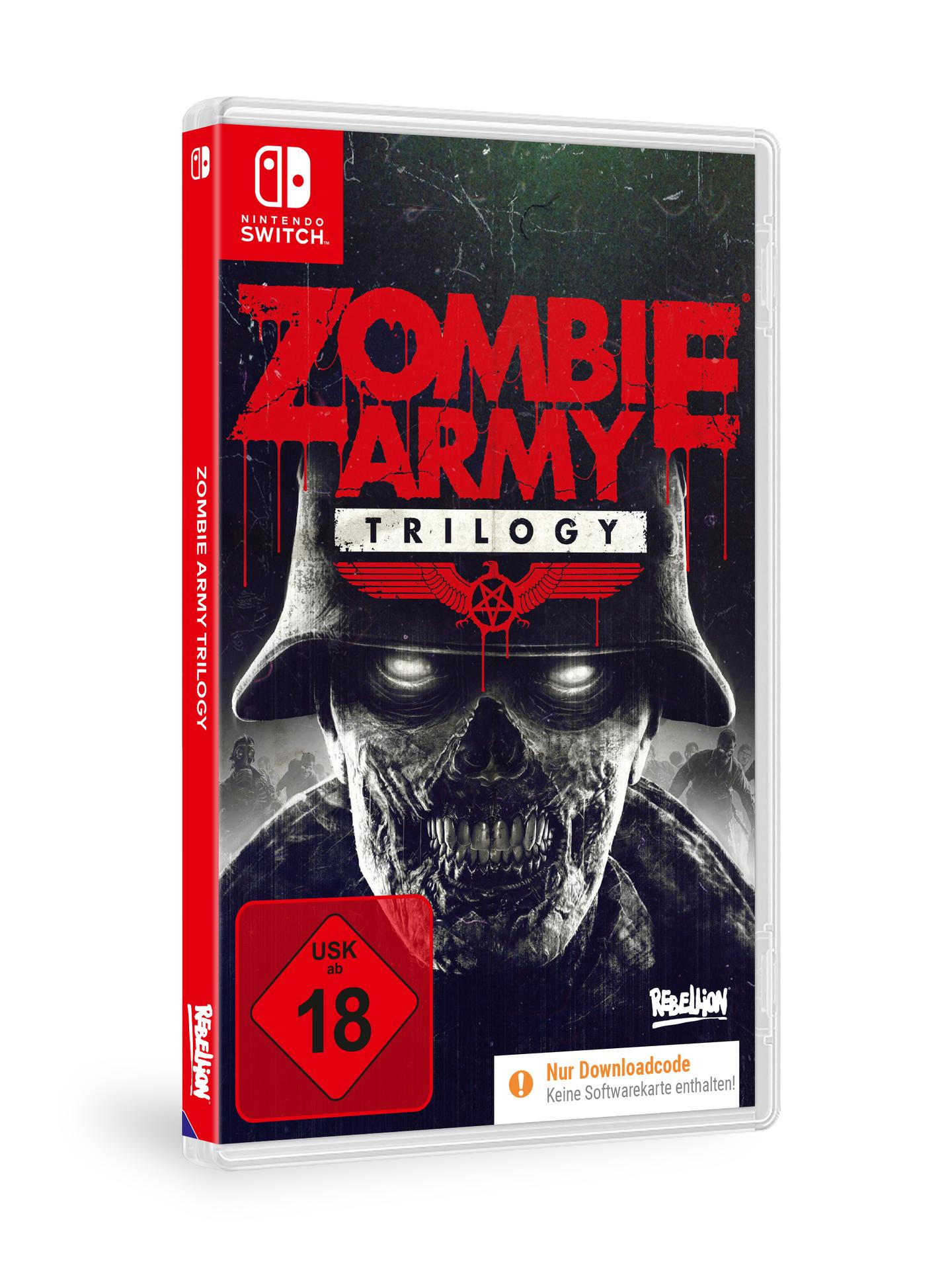 Spiel-Box-Art für Zombie Army Trilogy. Zeigt einen Zombie-Soldaten mit Helm, rotem Titeltext und Nintendo Switch-Logo.