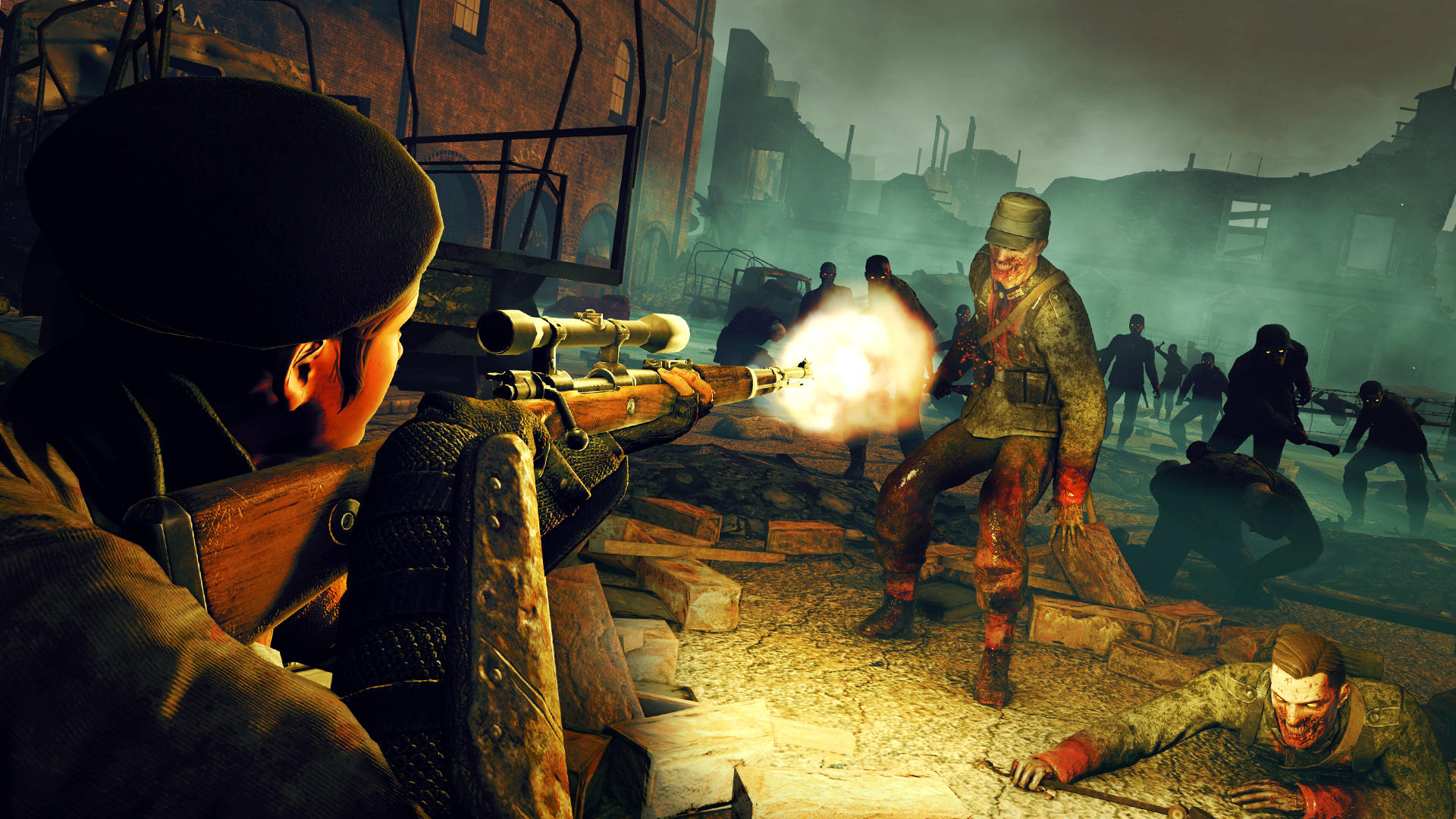 Ein Scharfschütze feuert auf Zombies in einer kriegszerstörten Umgebung. Explosionen und untote Soldaten erfüllen die Szene.