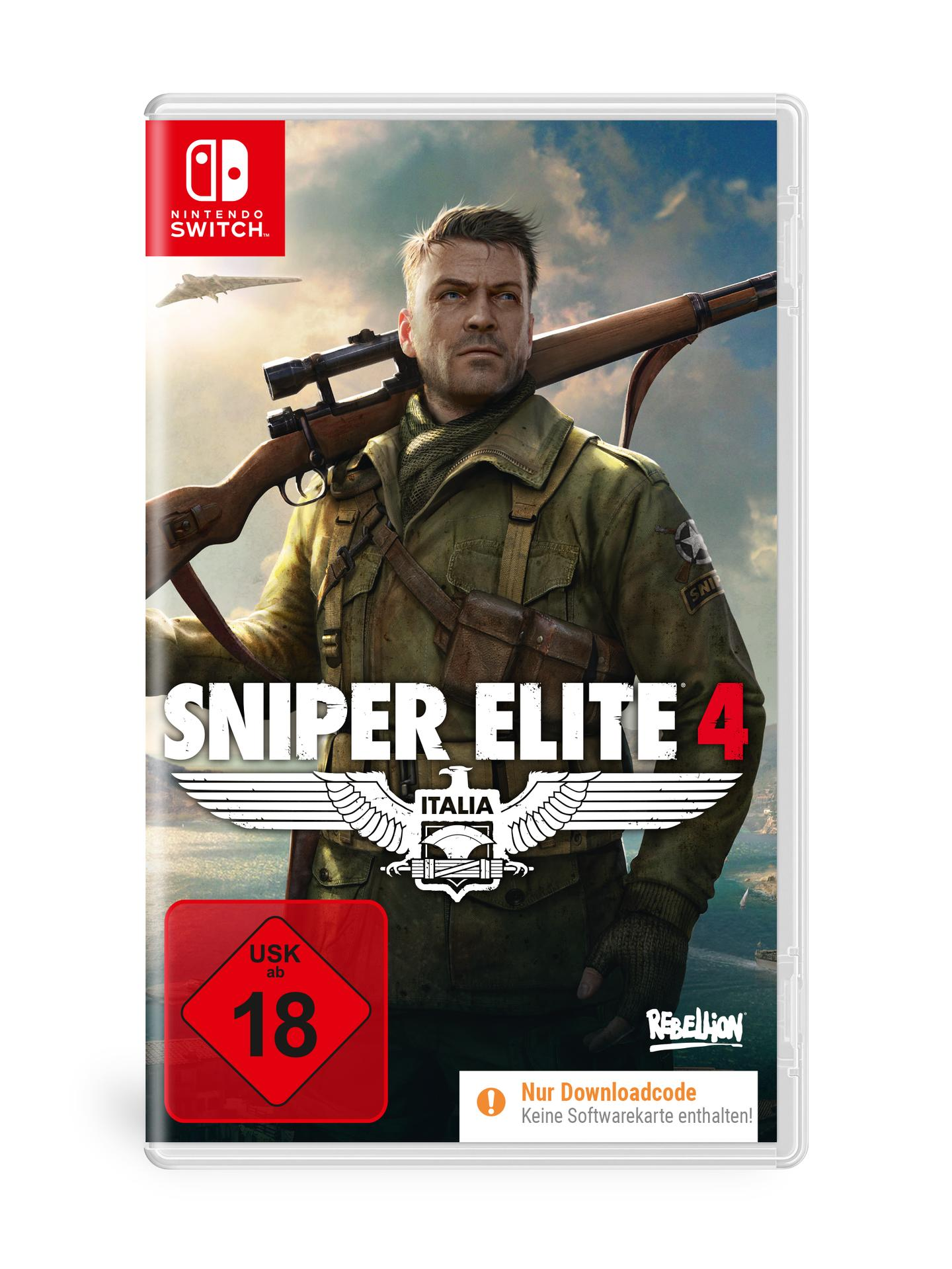 Spielcover. Ein Mann mit einem Gewehr auf der Schulter. Titel: Sniper Elite 4. Das Nintendo Switch-Logo ist oben links.