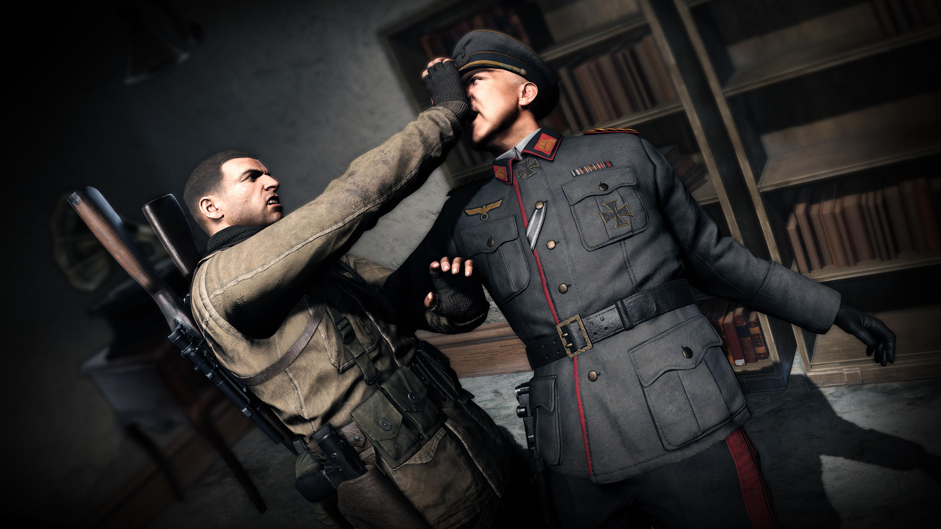 Ein Soldat schlägt einen Mann in Uniform. Ein Gewehr befindet sich auf dem Rücken des Soldaten. Bücherregale sind im Hintergrund zu sehen.