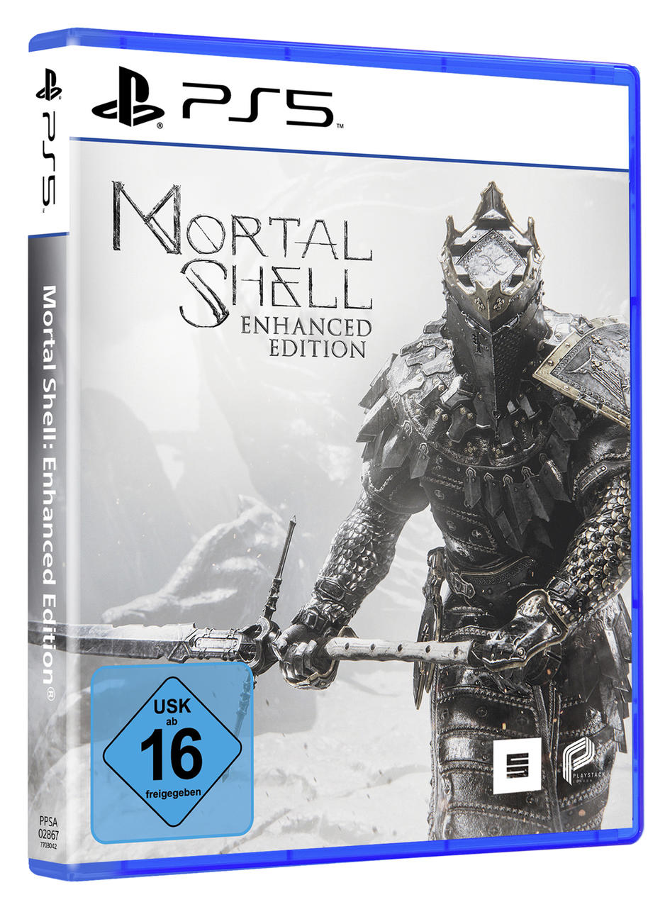 Mortal Shell Enhanced Edition PS5-Spielbox. Ein Ritter in Rüstung hält eine Waffe. Die Alterseinstufung ist 16.