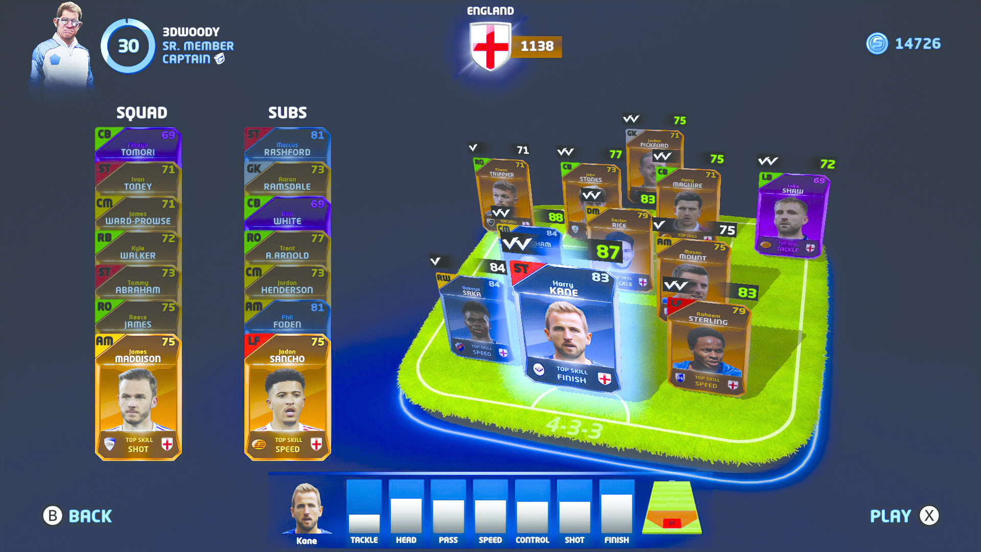 Fußballspiel-Oberfläche mit Spielerkarten, Teamformationen und Details des englischen Teams, mit Spielernamen und Statistiken.