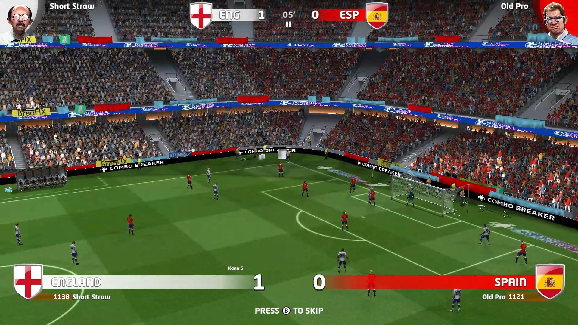 Ein Fußballspiel zeigt England gegen Spanien, wobei England mit 1:0 führt. Spieler in roten und weißen Uniformen auf grünem Feld.