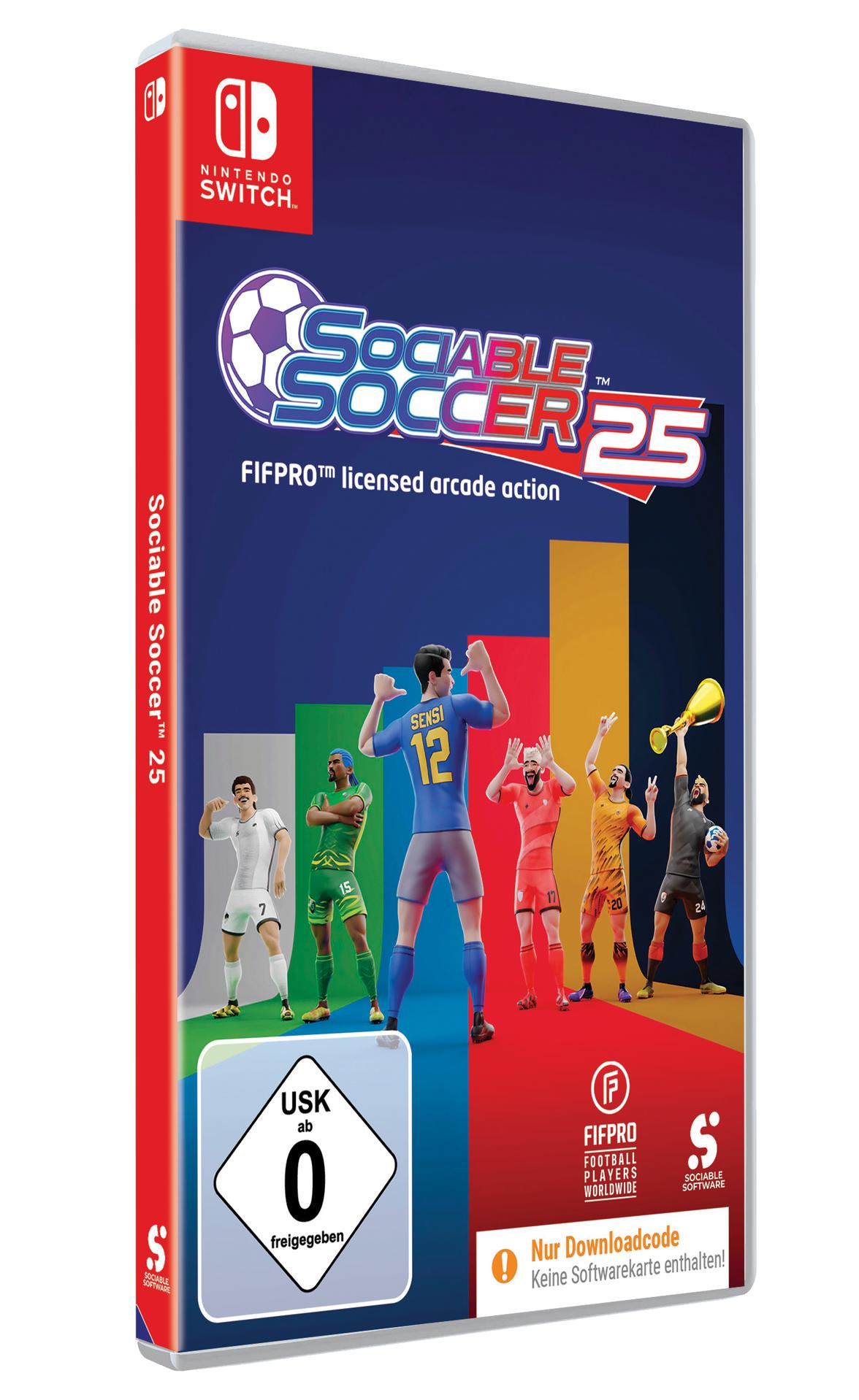 Nintendo Switch Spielbox für Sociable Soccer 25. Fußballspieler in verschiedenen Trikots sind auf dem Cover. Das Spiel ist USK 0 bewertet.