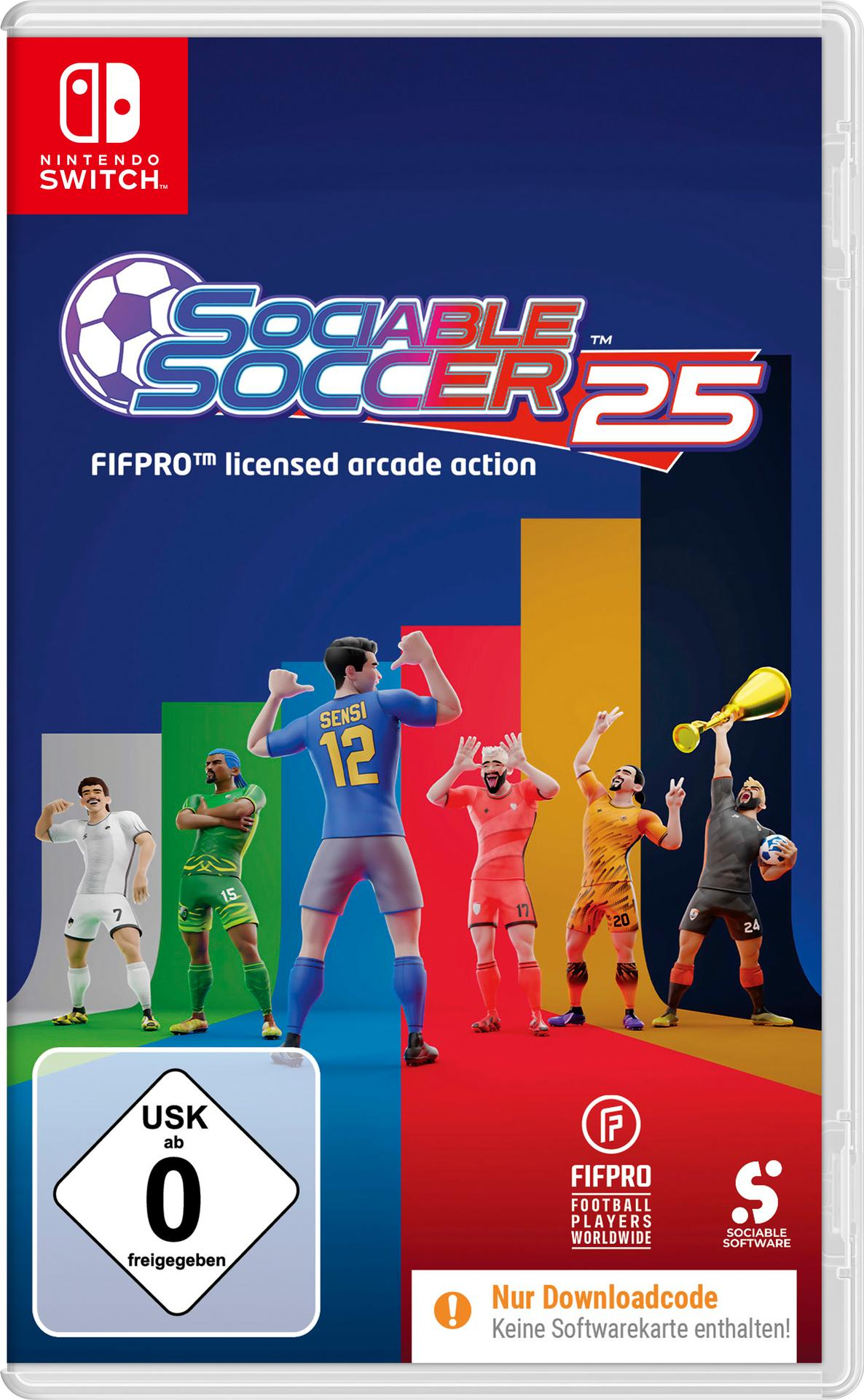 Spiel-Box-Art für Sociable Soccer 25, mit Fußballspielern in verschiedenen Uniformen. Das Nintendo Switch-Logo befindet sich oben.