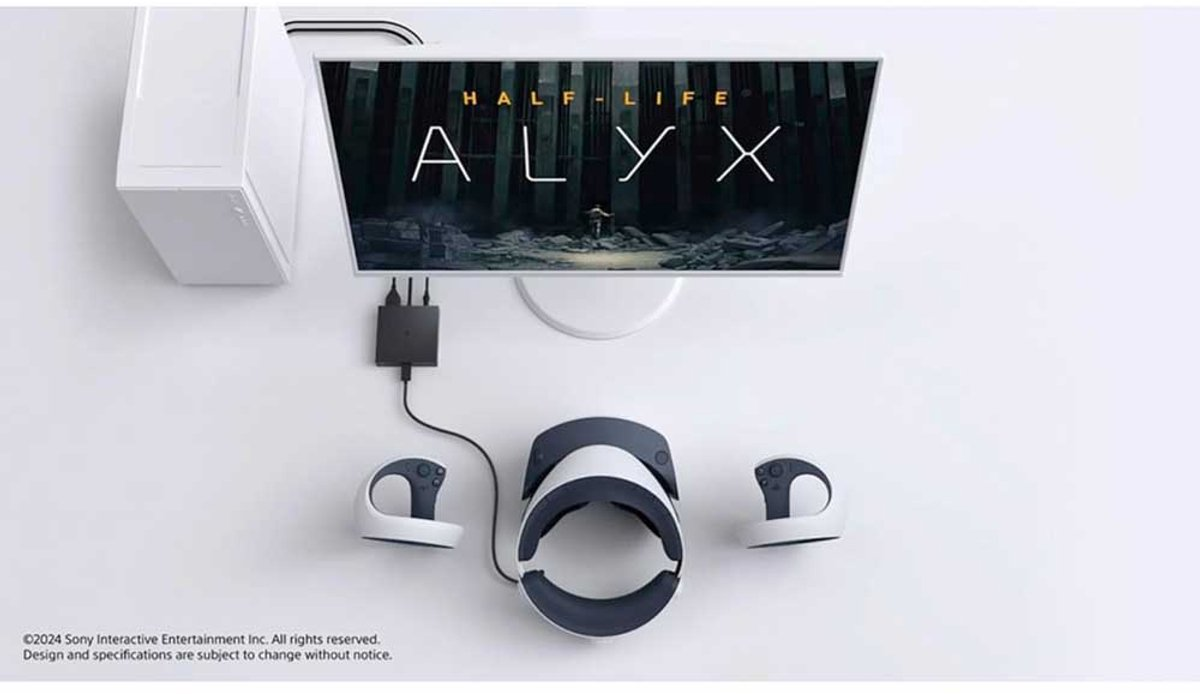 Afbeelding toont VR-headset, controllers en monitor met 'Half-Life: Alyx' game logo. Witte achtergrond, strak design.