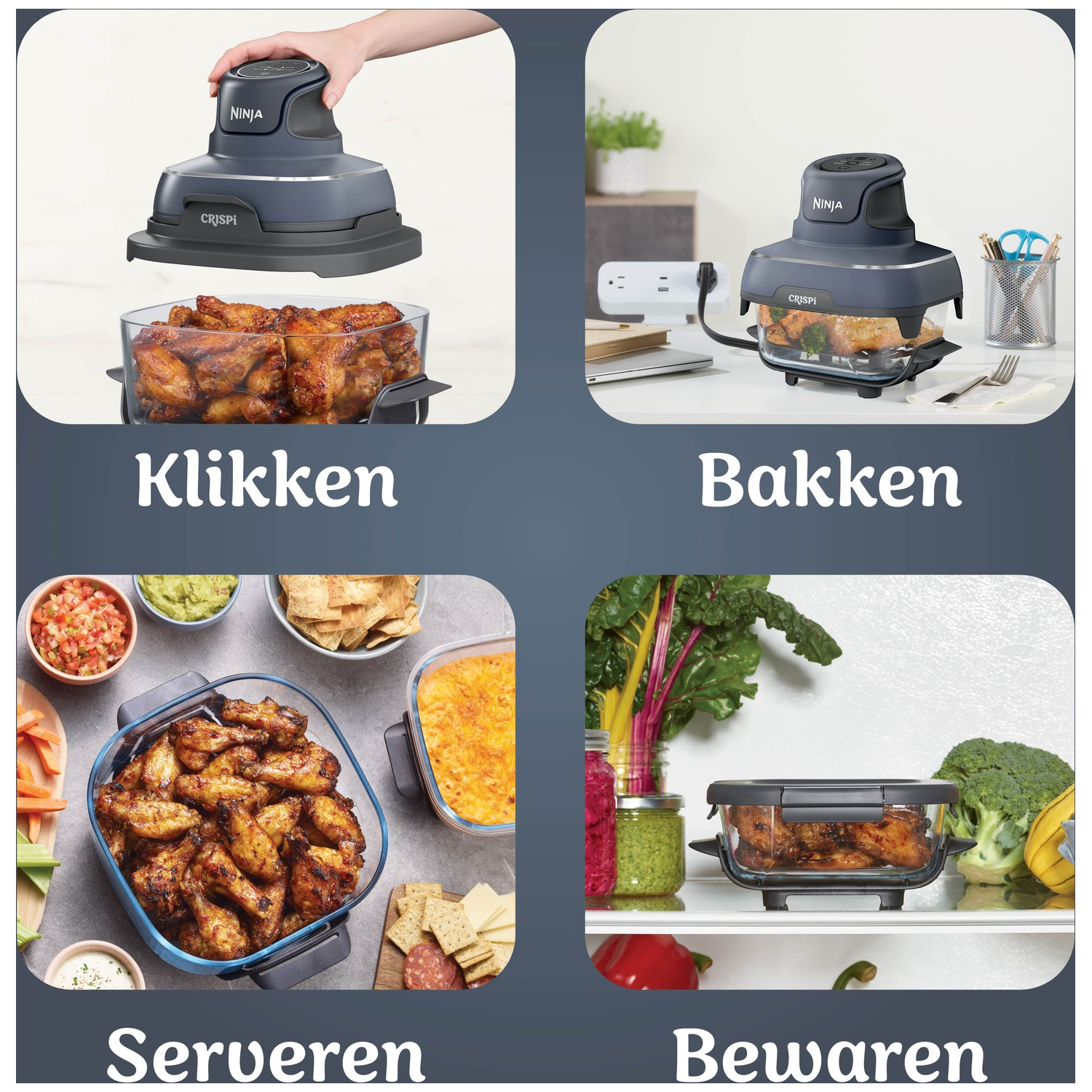 Ninja Crispi air fryer with chicken wings. Top left, assembling. Top right, cooking. Bottom left, serving. Bottom right, storing.