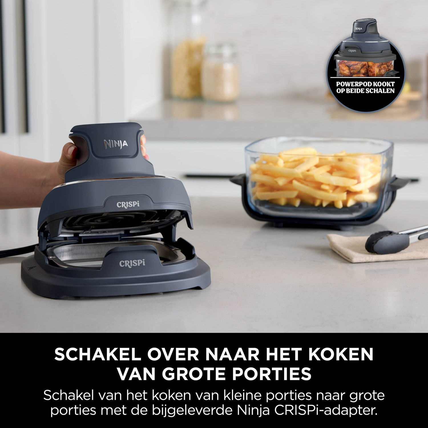 A Ninja Crispi appliance with fries in a glass dish. A hand holds the appliance. Text promotes cooking large portions.