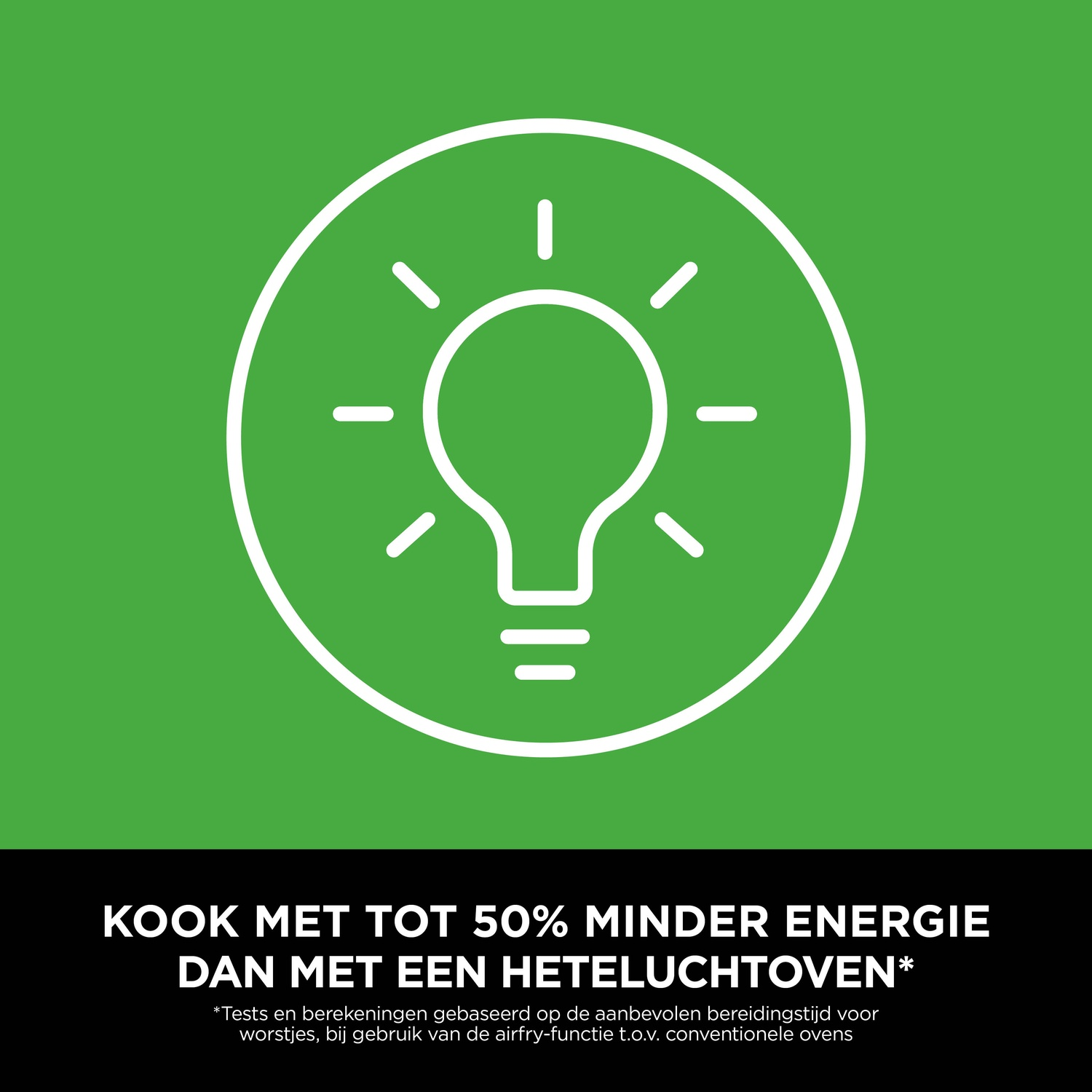 White lightbulb icon inside a circle on a green background. Text below reads: 'Cook with up to 50% less energy.'