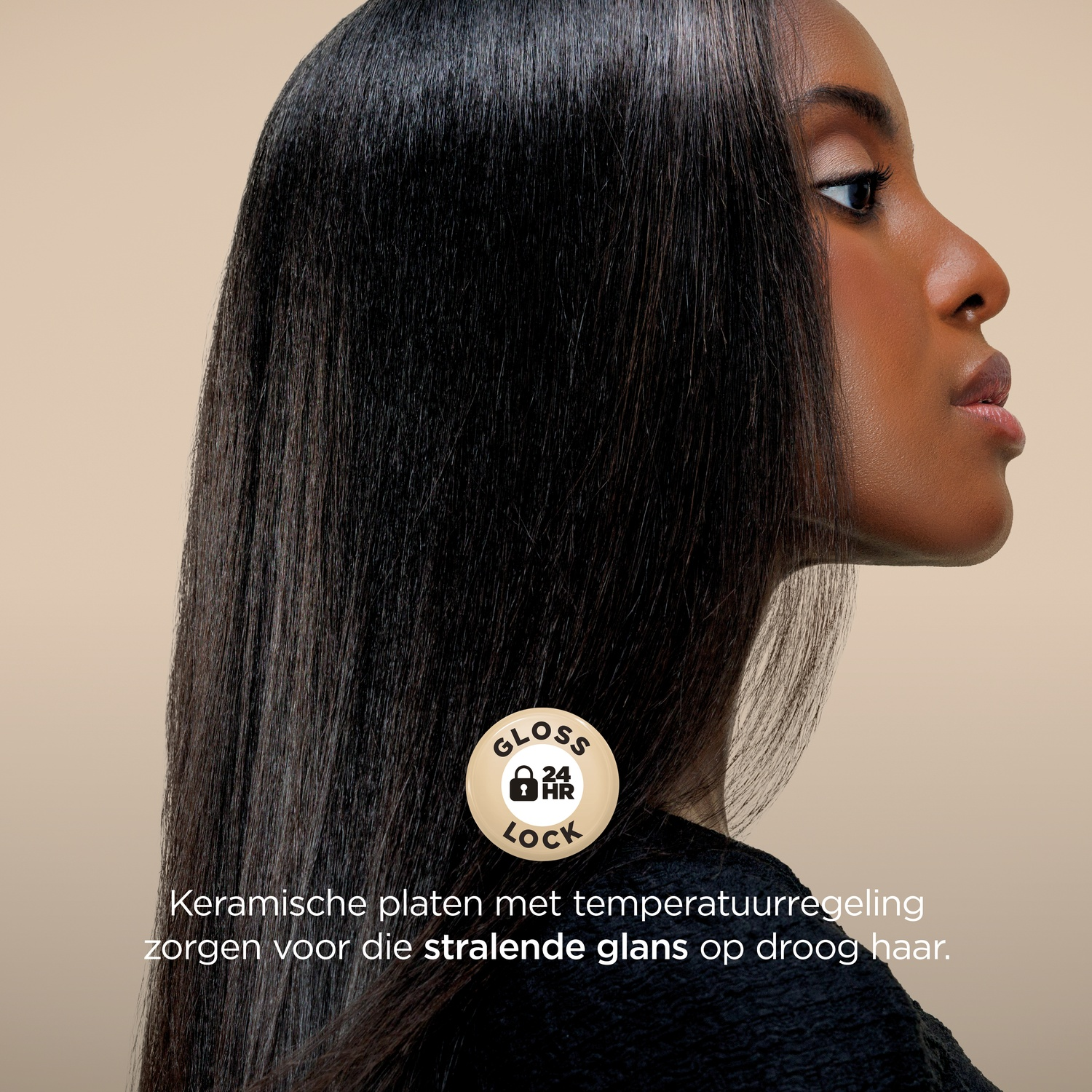 A woman with straight, black hair. The hair is shiny. A logo with the text "GLOSS 24 HR LOCK" is visible.