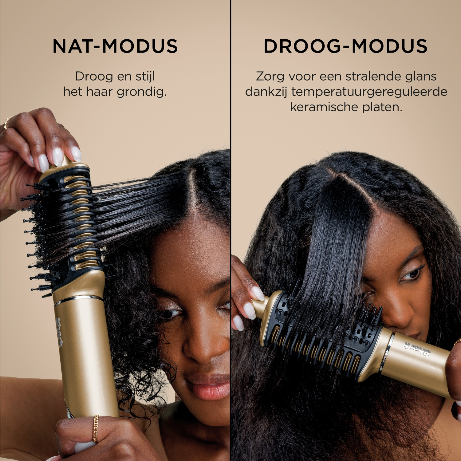Image shows a woman using a gold hair styling brush. The left side shows wet hair, the right, dry. Text overlay describes each.