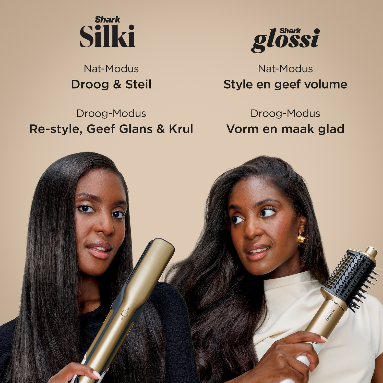 Two women with long black hair, holding hair styling tools. Text above shows product names Silki and glossi by Shark.