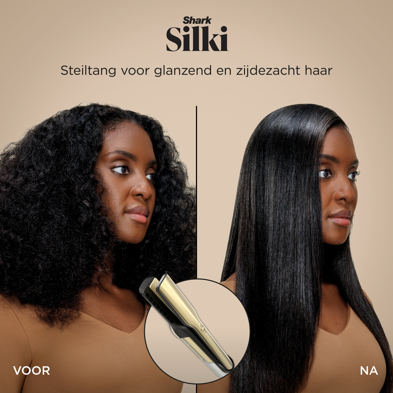 Image shows a woman with frizzy hair before and sleek hair after using a hair straightener. A gold and black straightener is featured.