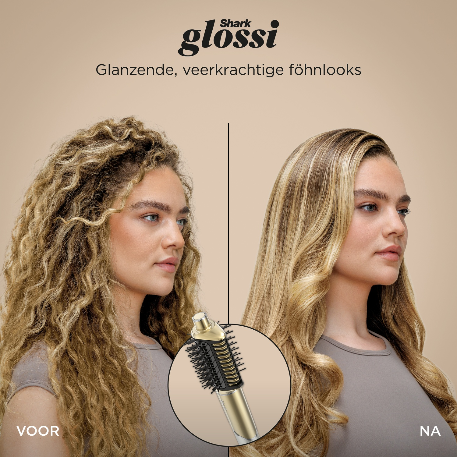 Image shows curly hair before and sleek hair after using a hair styling tool. Tool is in the middle. The background is a beige color.