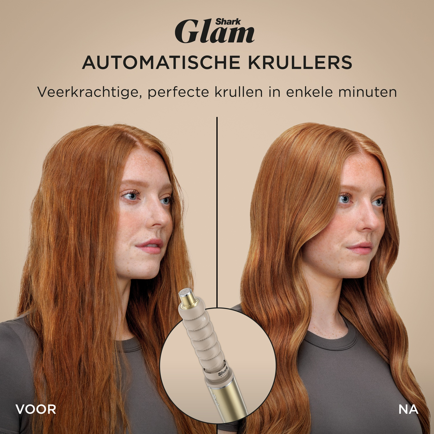 Image shows a woman with straight hair before and curly hair after using an automatic curler. Product is Shark Glam.