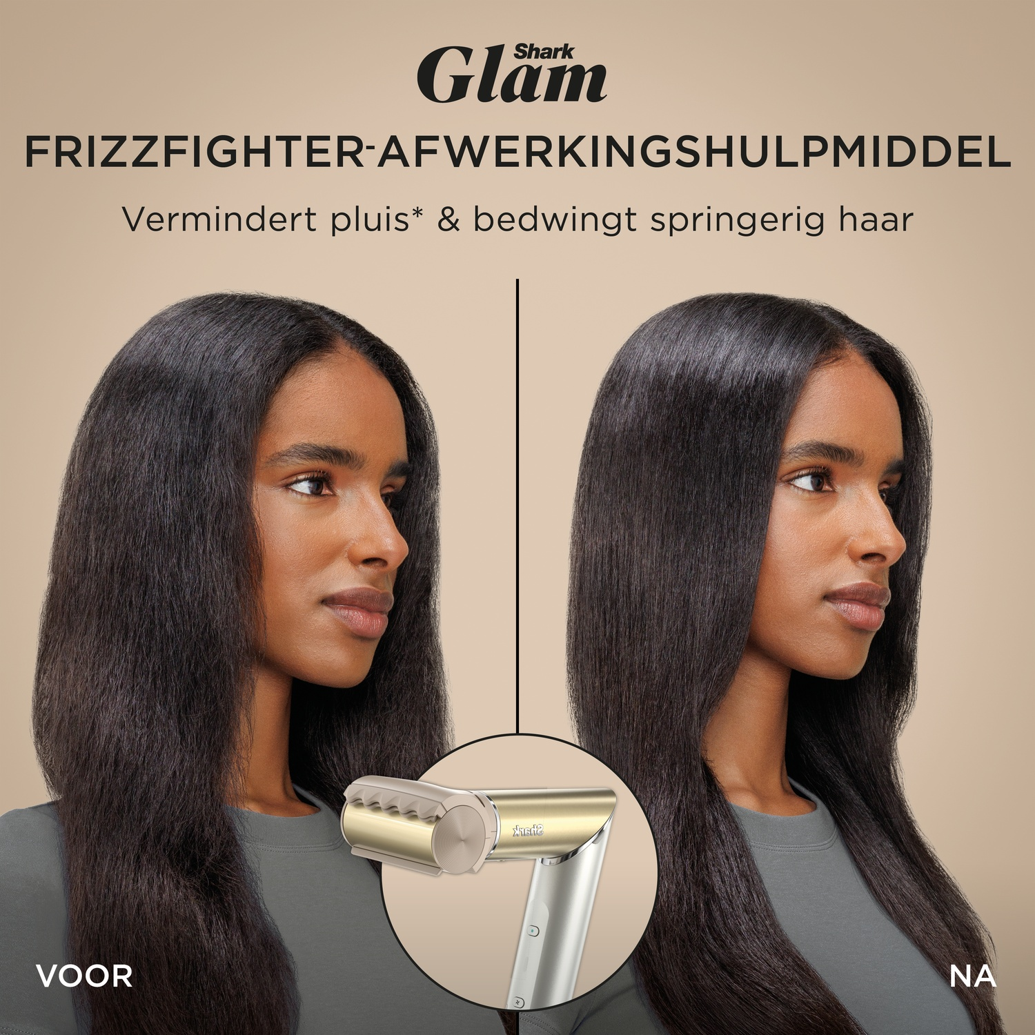 Image shows a woman with frizzy hair before and sleek hair after using a hair styling tool. The tool is gold and silver.