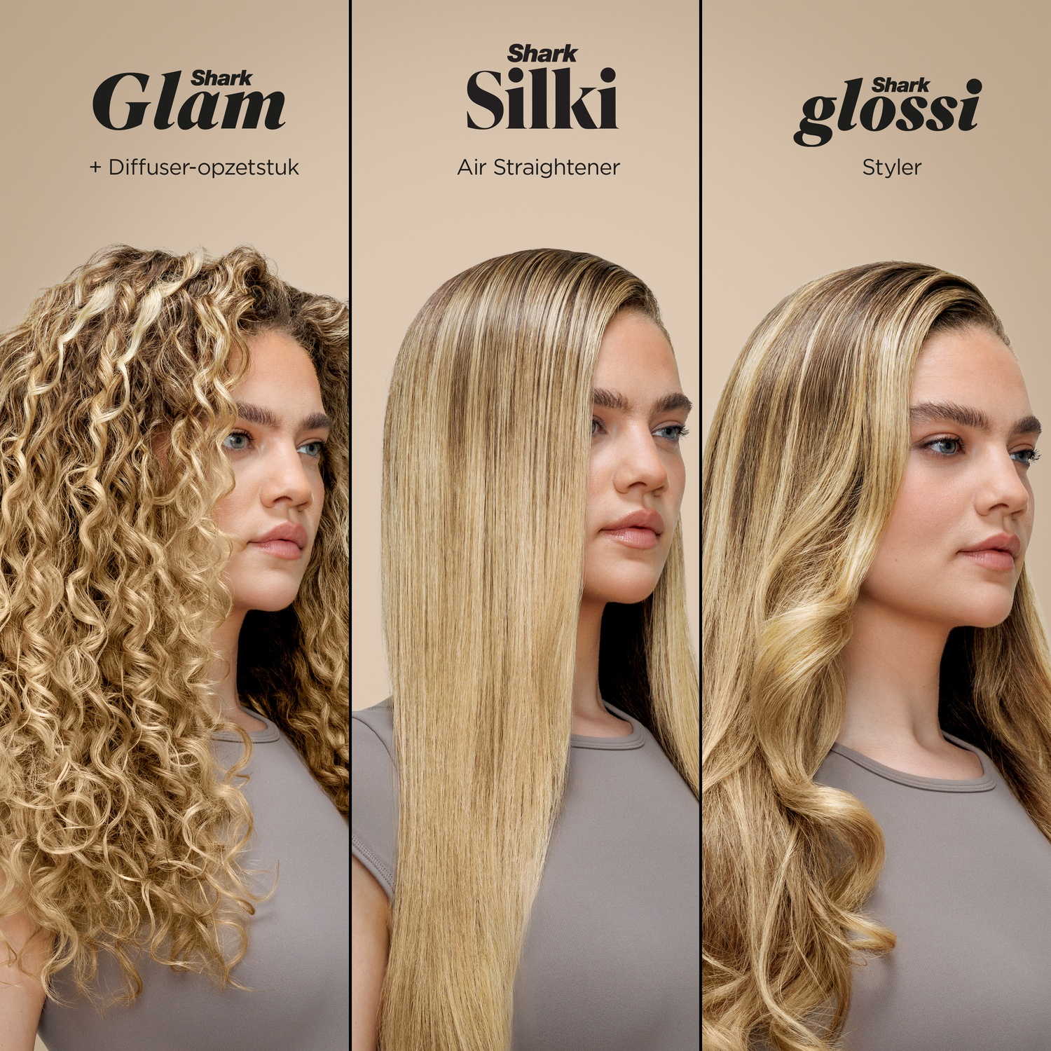 Three women showcasing different hairstyles: curly, straight, and wavy. Each style is labeled with a Shark product name, against a tan background.