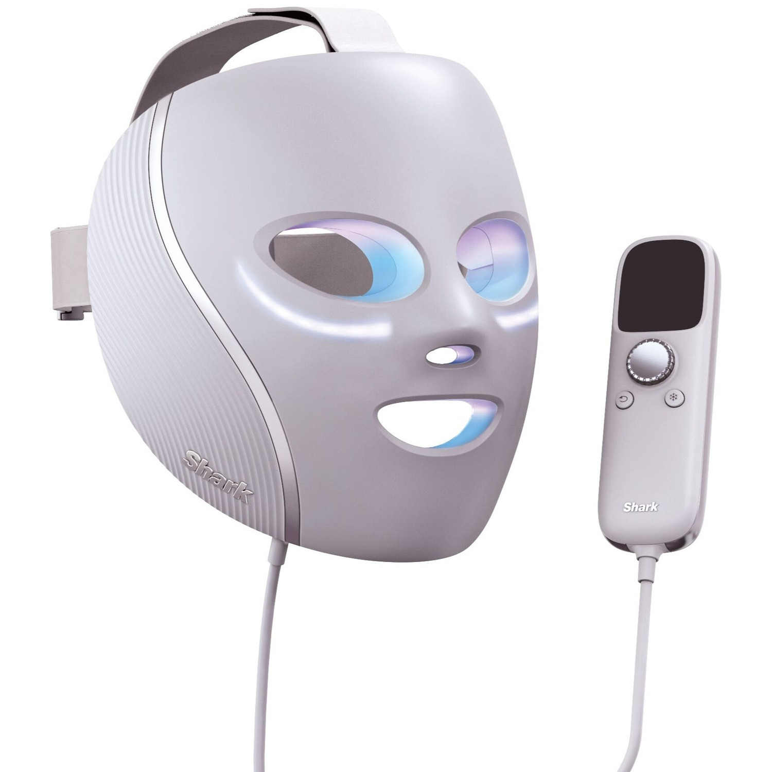 A white LED face mask with a remote control, both connected by a wire. The mask has eye, nose, and mouth openings.