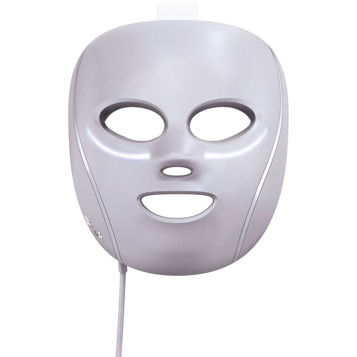 A gray LED face mask with eye, nose, and mouth openings. A white wire extends from the bottom. The background is white.