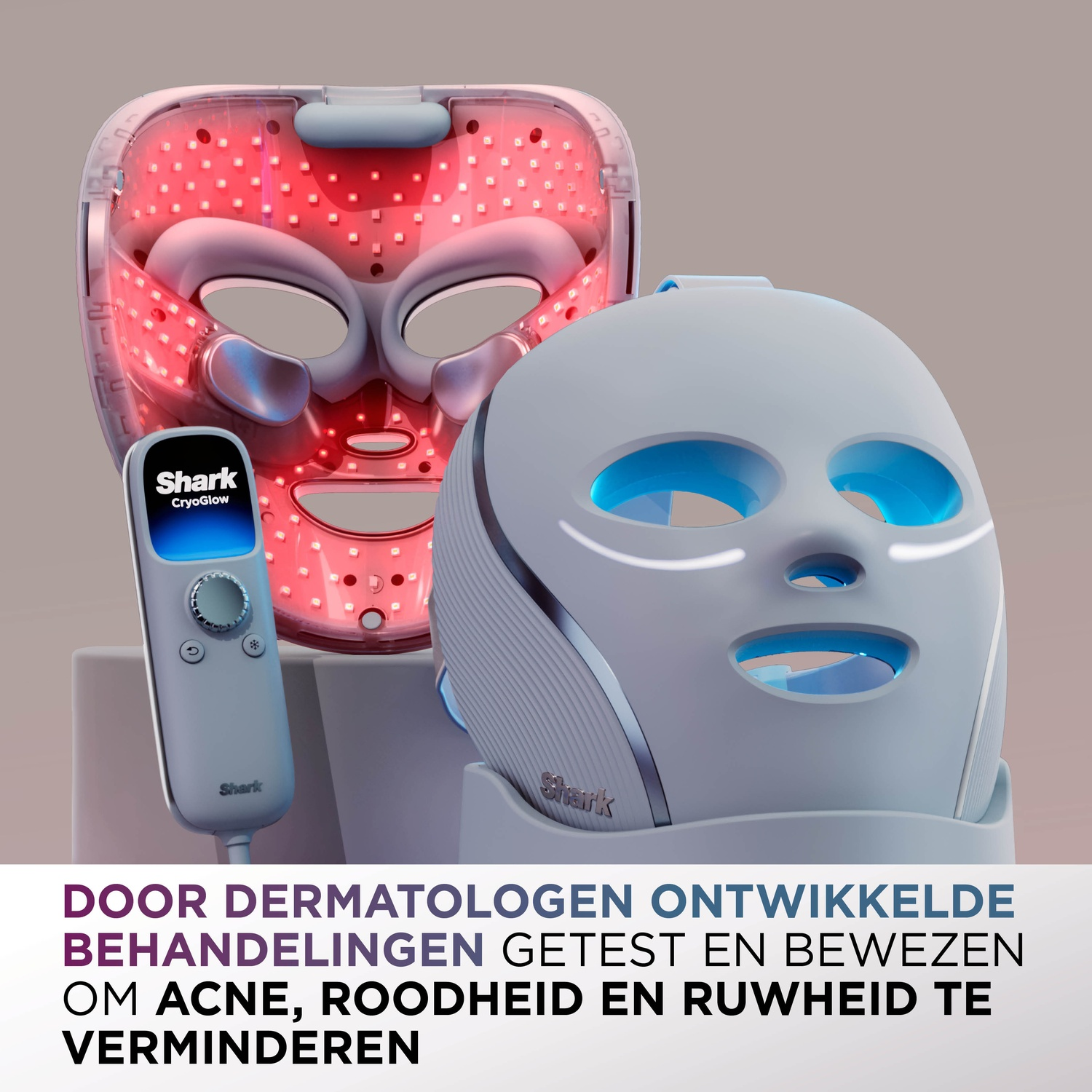 LED face masks and a control panel. One mask is open showing red lights. Text: developed by dermatologists, reduces acne, redness.