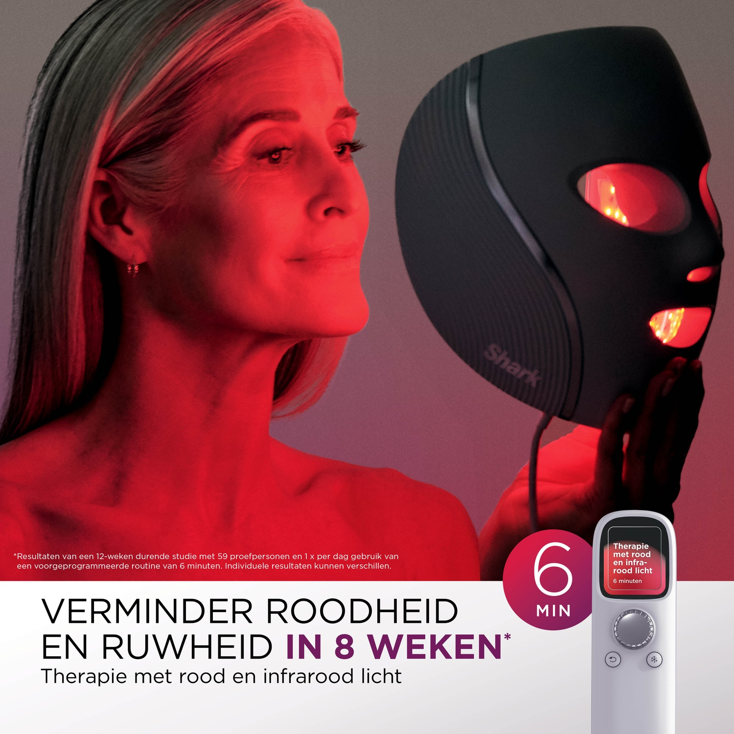Woman with a red light therapy mask, controller, and text about reducing redness and roughness in 8 weeks.