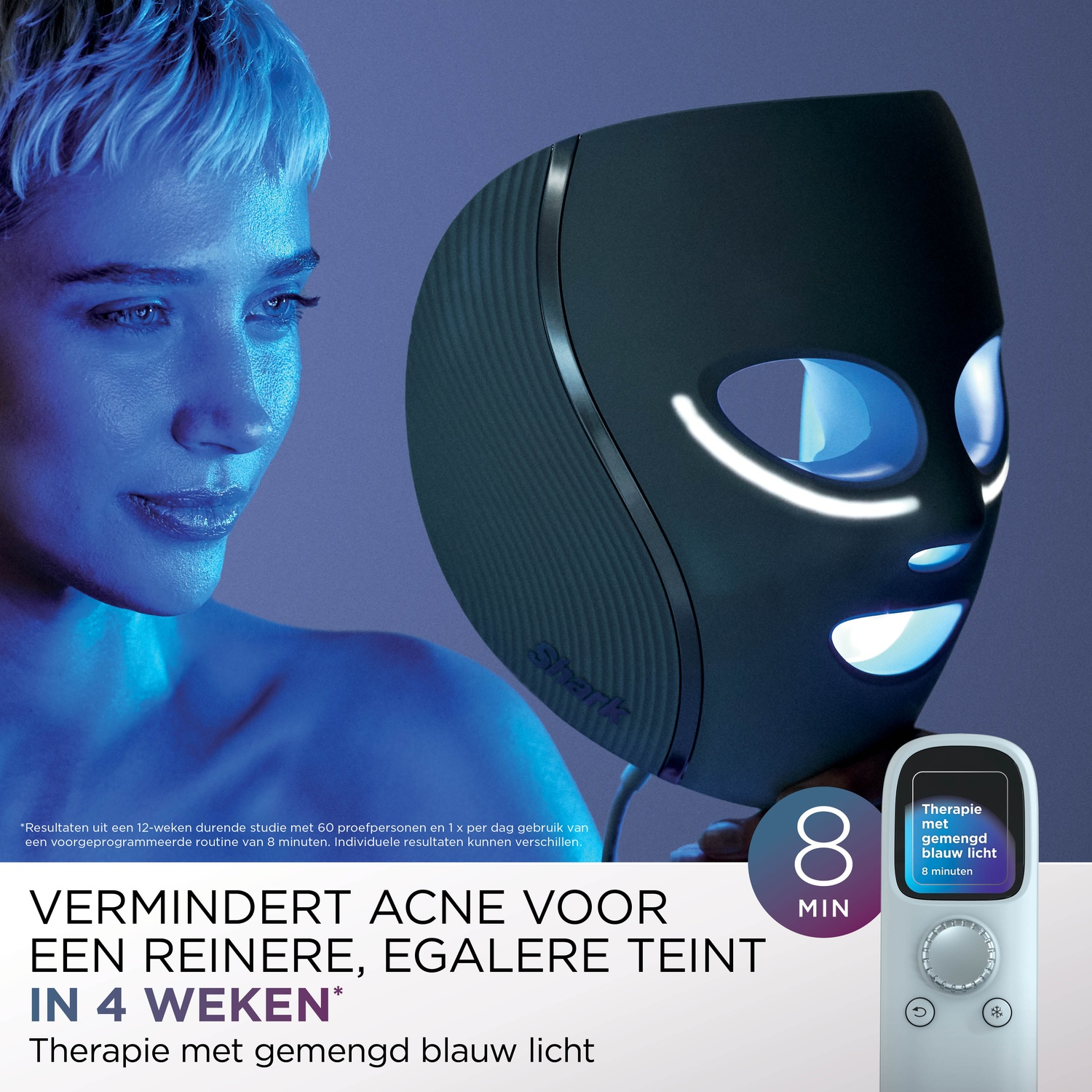 A woman's face illuminated by blue light from a mask. The mask and a remote are in focus. Text highlights acne reduction and skin clarity.