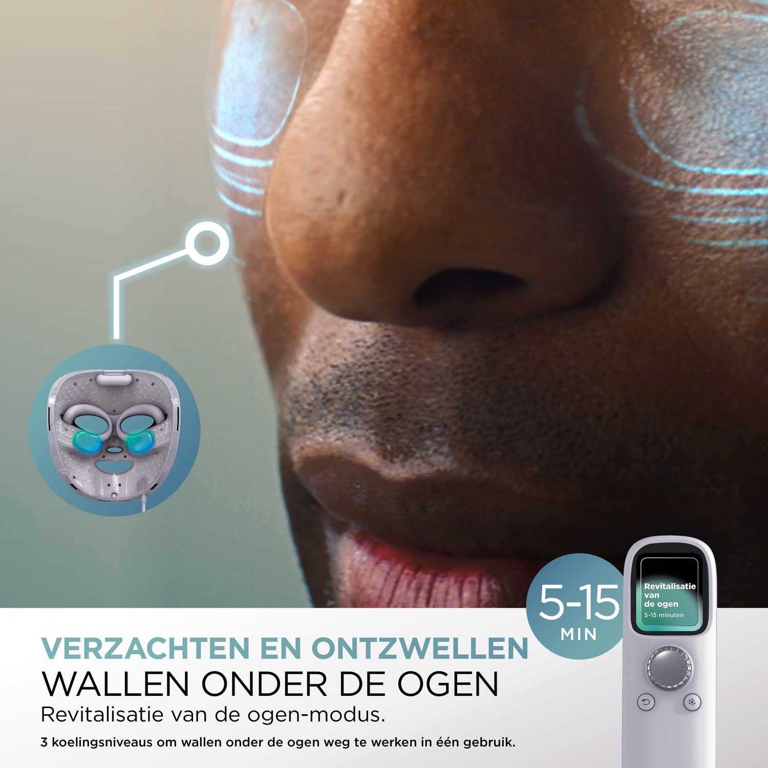 Close-up of a person's face with a device for eye revitalization. Text says: Soften and reduce eye bags. 5-15 mins.