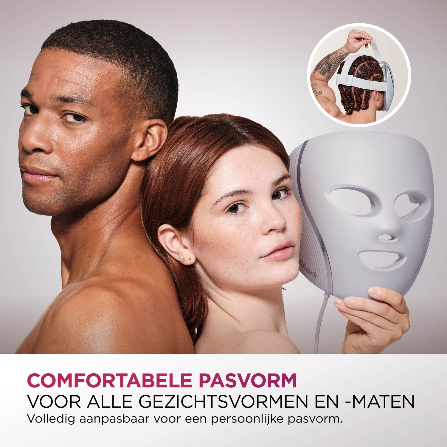 A man and woman lean together. A gray face mask is held up. A smaller image shows someone wearing a similar mask.