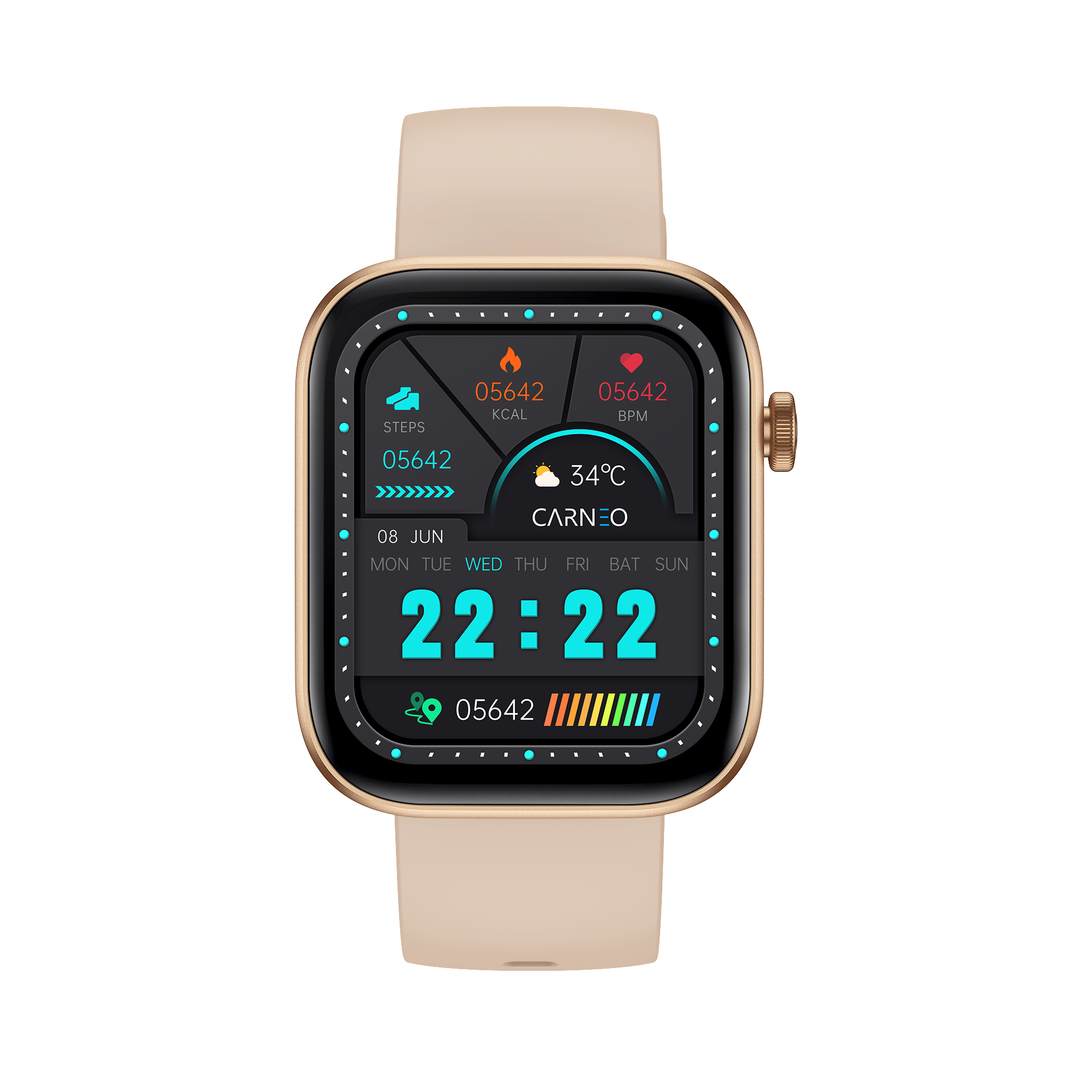 Egy okosóra időt, lépéseket és egészségügyi adatokat jelenít meg. Arany kerete, bézs szíjas, fekete képernyős.