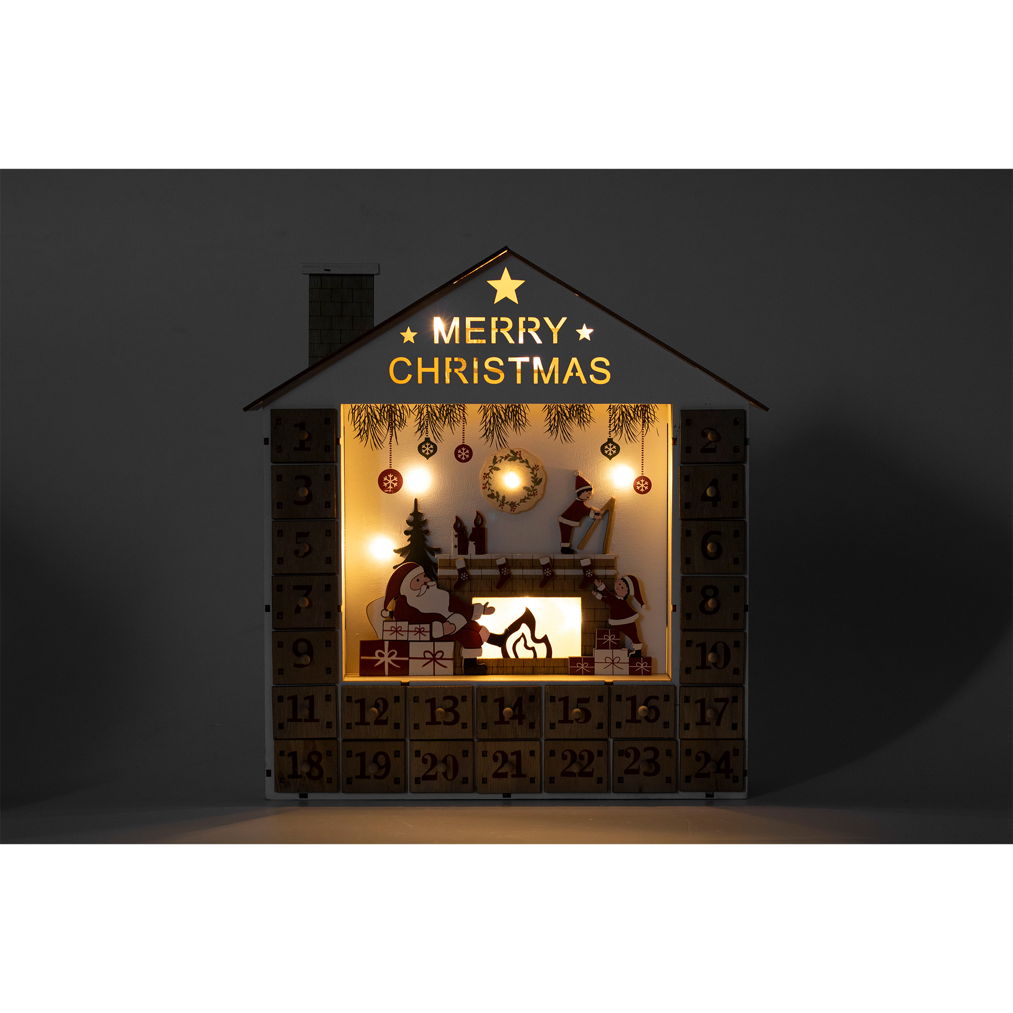 Fa karácsonyi adventi kalendárium ház, világítással, Mikulással és gyerekekkel. Számok az ajtókon, 'Merry Christmas'.