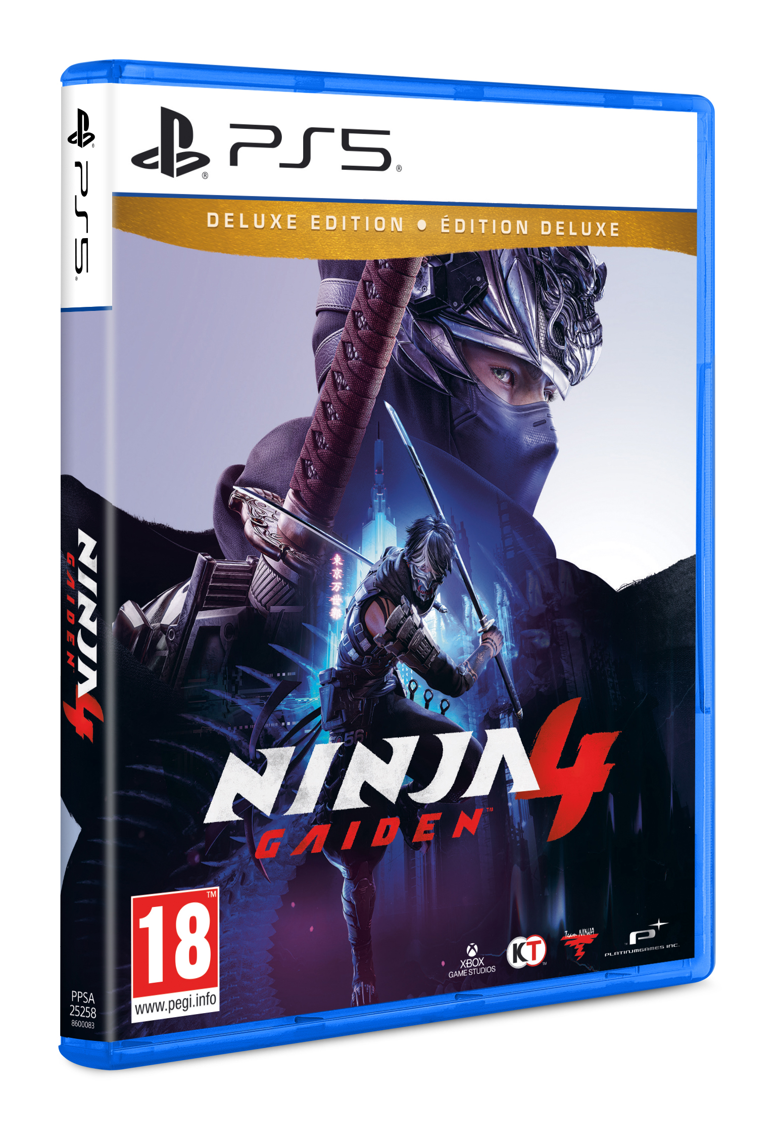 PS5-Spielhülle, Ninja Gaiden 4 Deluxe Edition. Ein Ninja in Aktion, der ein Schwert hält. Die Hülle ist blau.