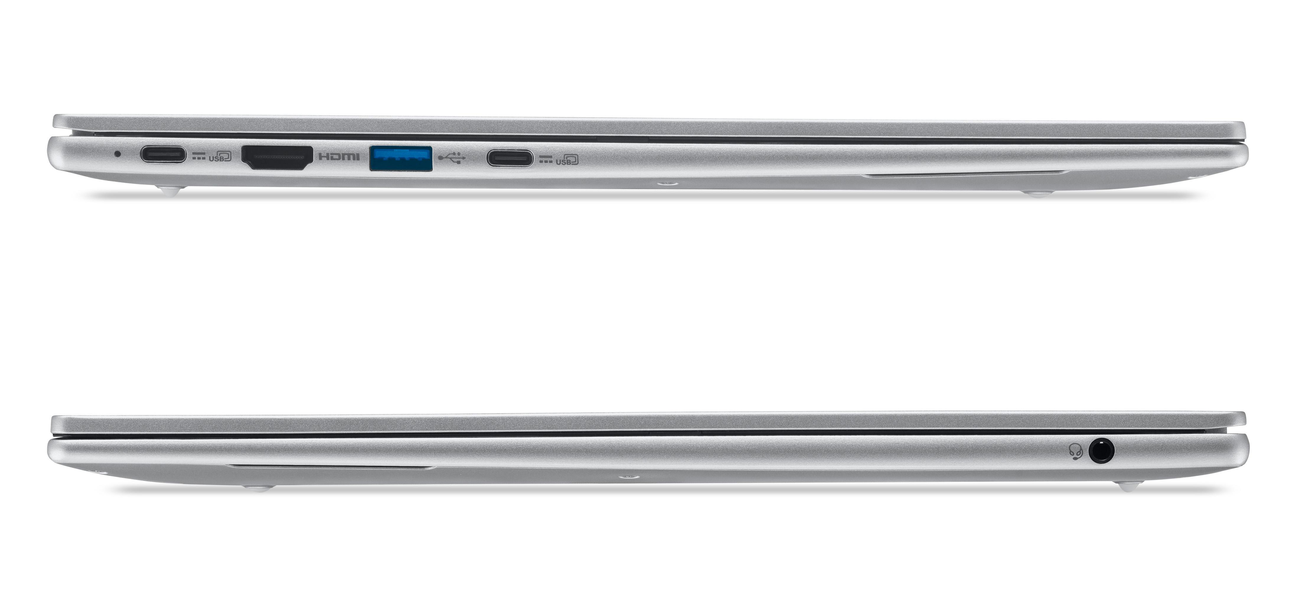 Seitenansicht eines silbernen Laptops. Anschlüsse umfassen USB, HDMI und Kopfhöreranschluss. Der Laptop ist geschlossen.