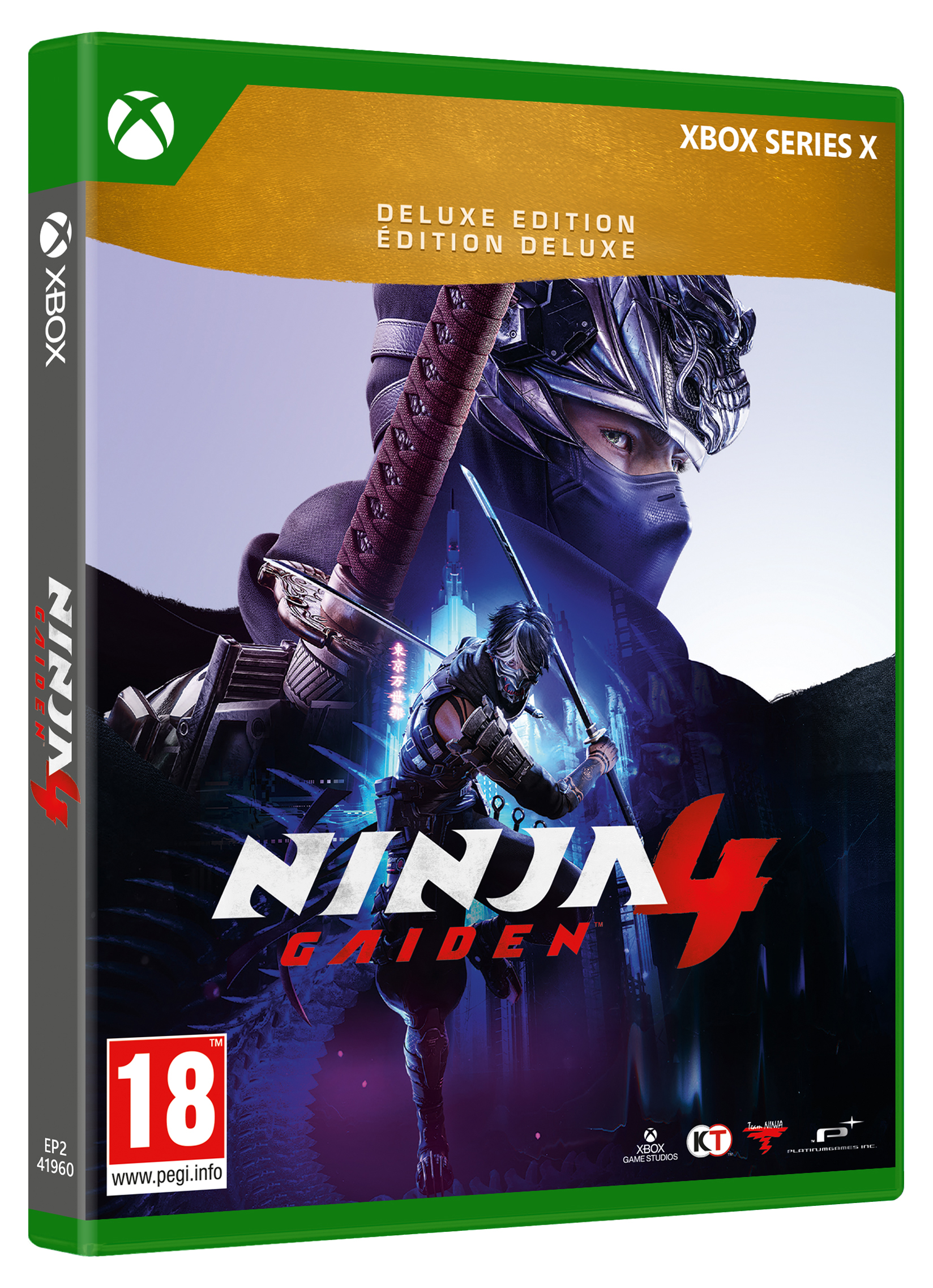 Spielbox-Art. Ein Ninja mit einem Schwert steht im Vordergrund. Der Titel lautet Ninja Gaiden 4. Das Xbox-Logo ist in der Ecke.