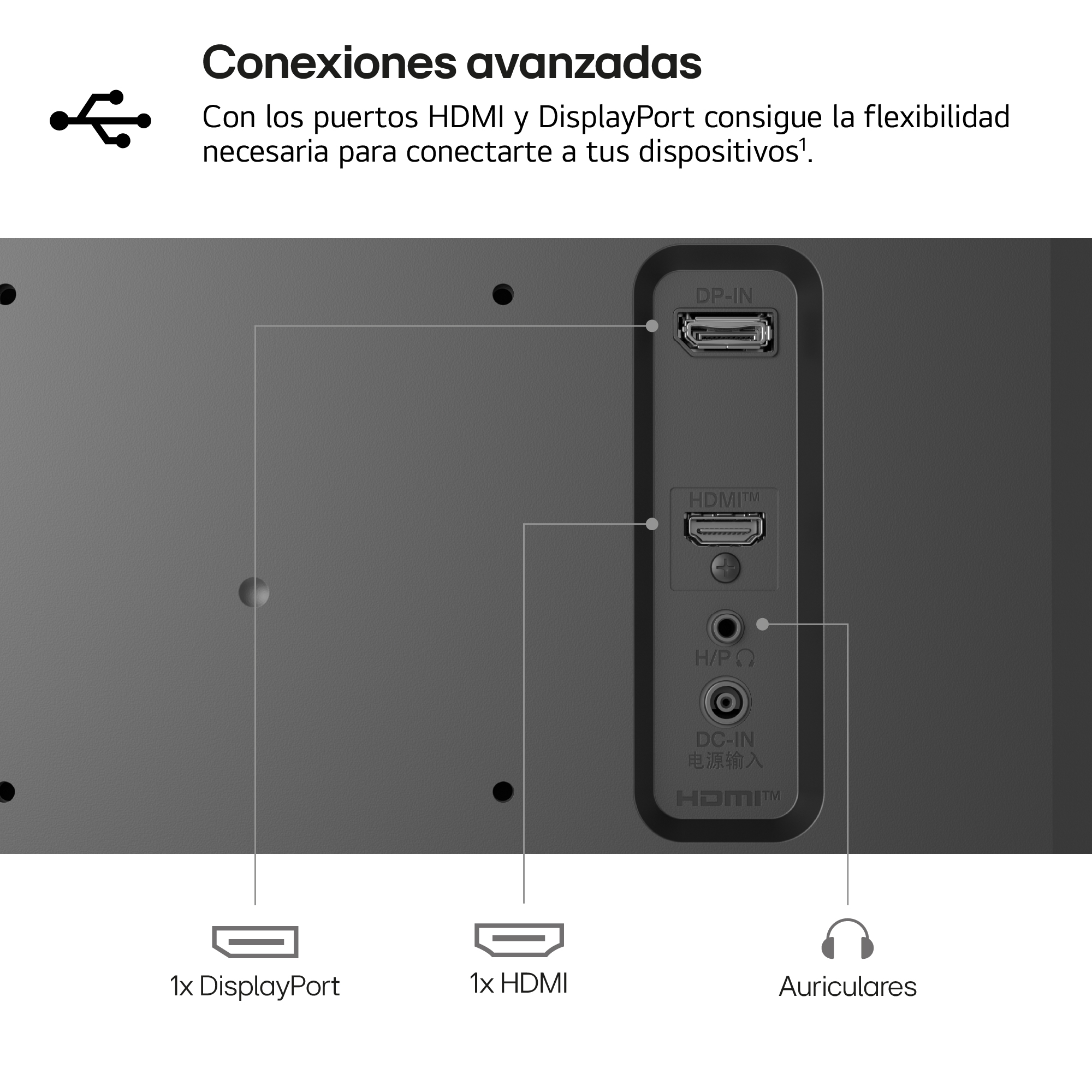 Conexiones avanzadas. Con los puertos HDMI y DisplayPort consigue la flexibilidad necesaria para conectarte a tus dispositivos.