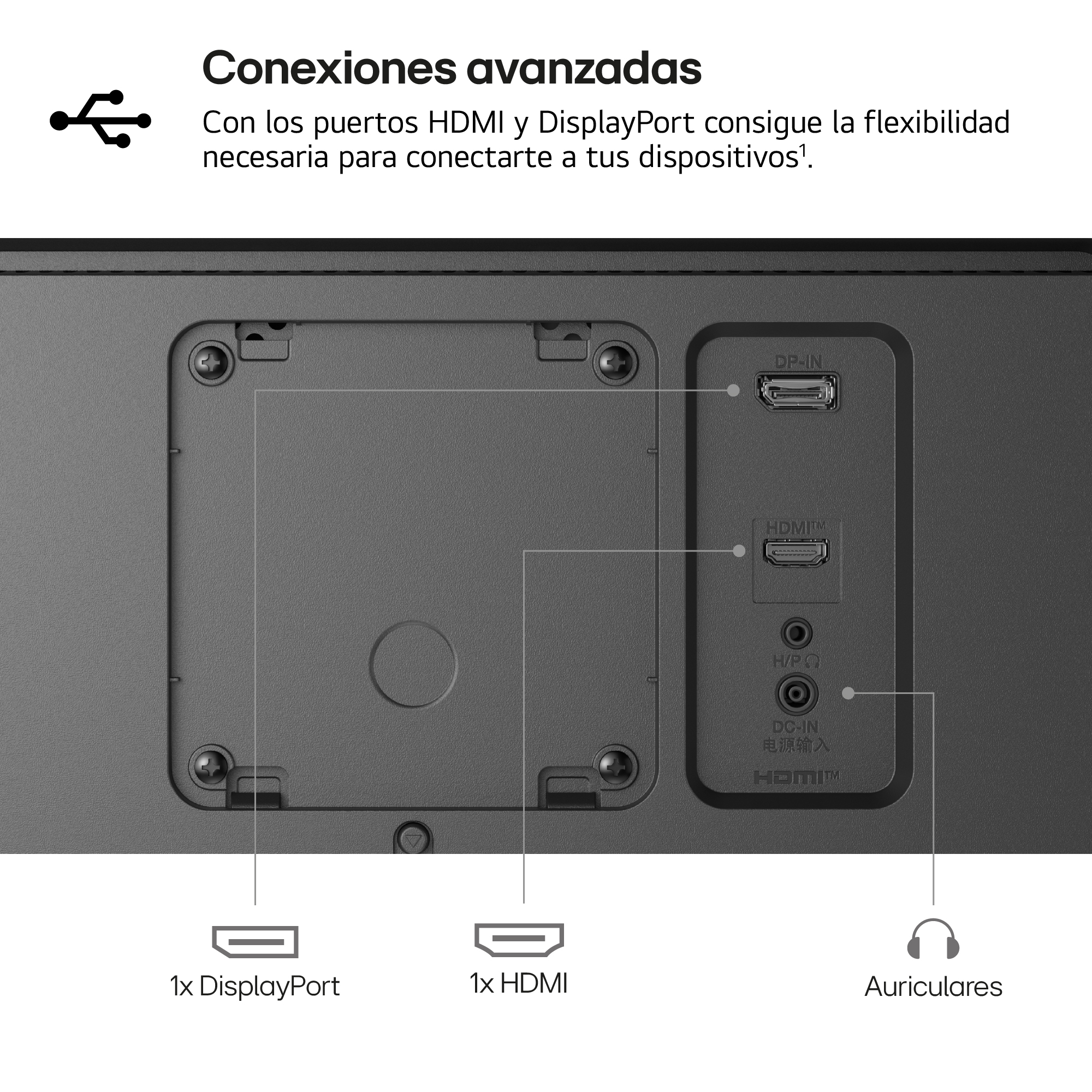 Conexiones avanzadas. Con los puertos HDMI y DisplayPort consigue la flexibilidad necesaria para conectarte a tus dispositivos¹.