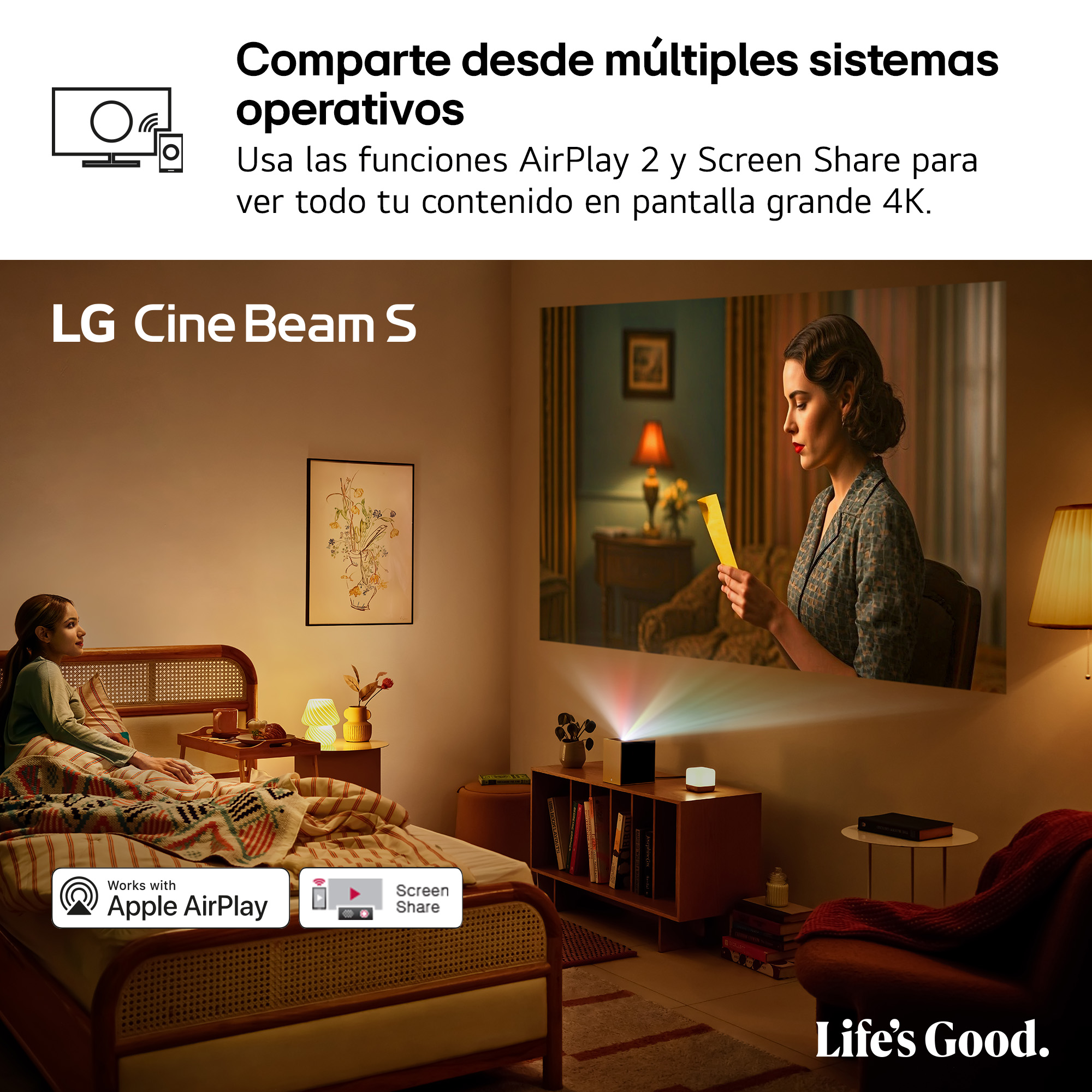 Comparte desde múltiples sistemas operativos. Usa las funciones AirPlay 2 y Screen Share para ver todo tu contenido en pantalla grande 4K.