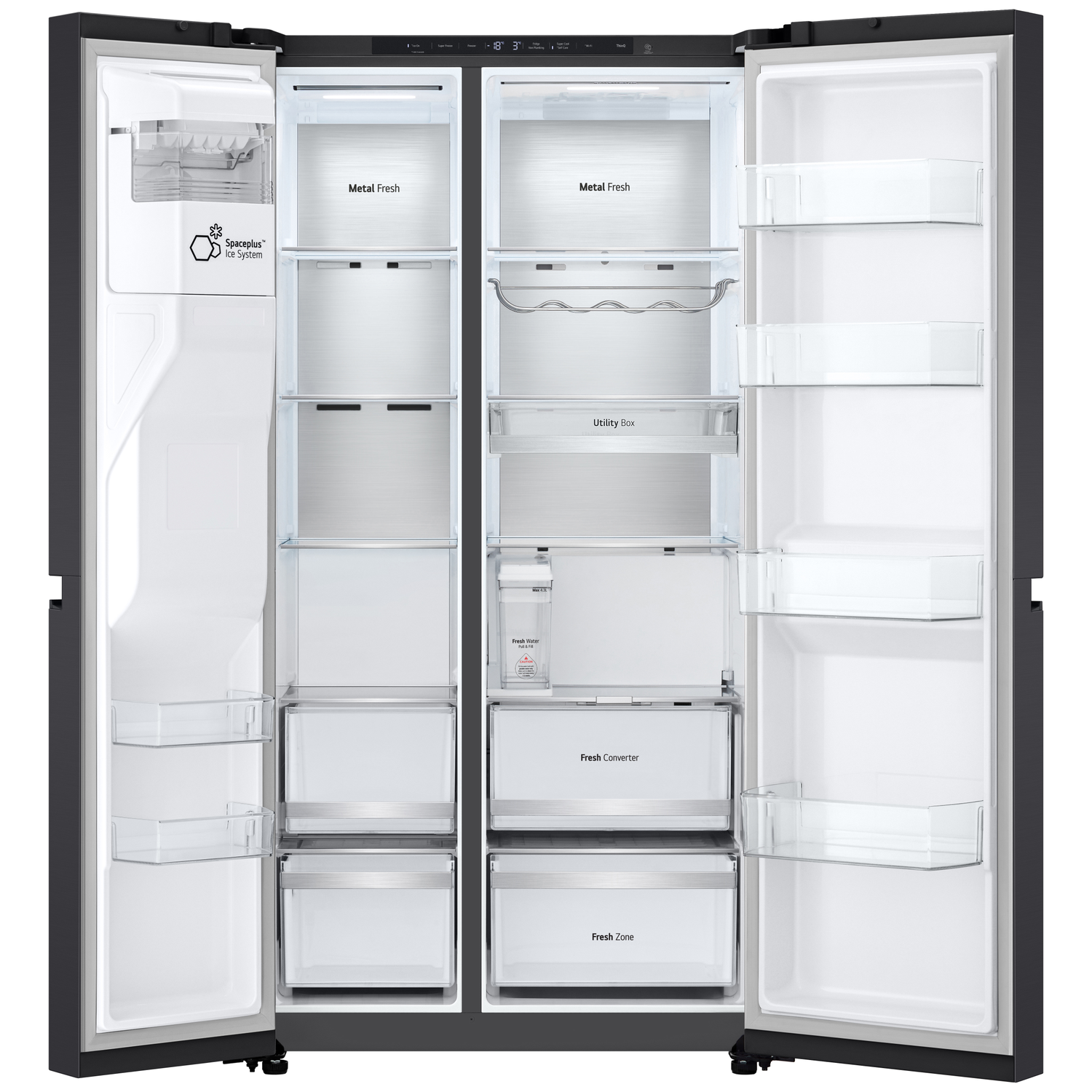 Open refrigerator. Metal Fresh shelves, Utility Box, Fresh Converter, and Fresh Zone are visible, along with ice system and shelves.