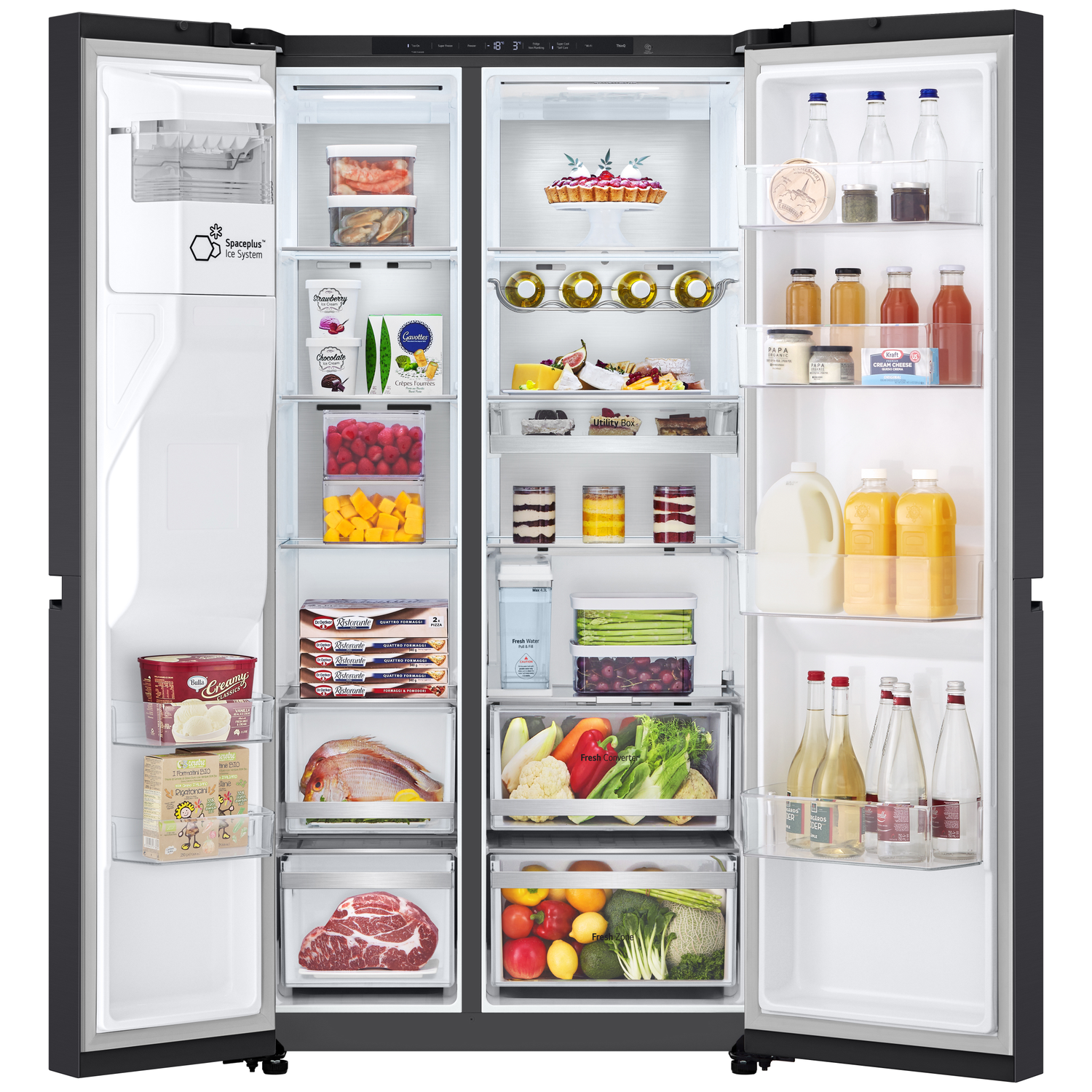 Open refrigerator filled with food items. Fruits, vegetables, drinks, and various packaged foods are visible.