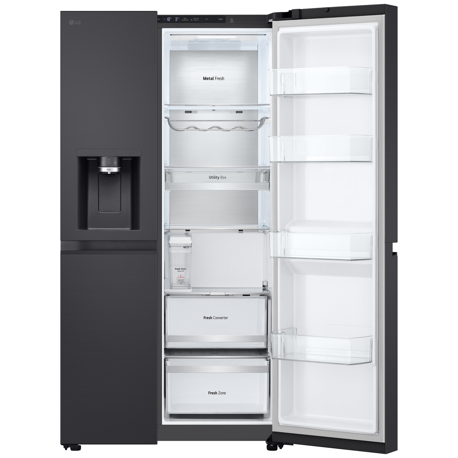A black LG refrigerator with the left door closed and the right door open, showing shelves and drawers. Labels include Metal Fresh, Utility Box.
