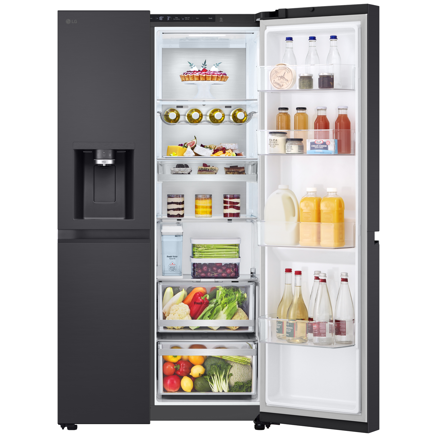 Open black LG refrigerator filled with food items. Fruits, drinks, and dairy products are visible inside. The door is open.